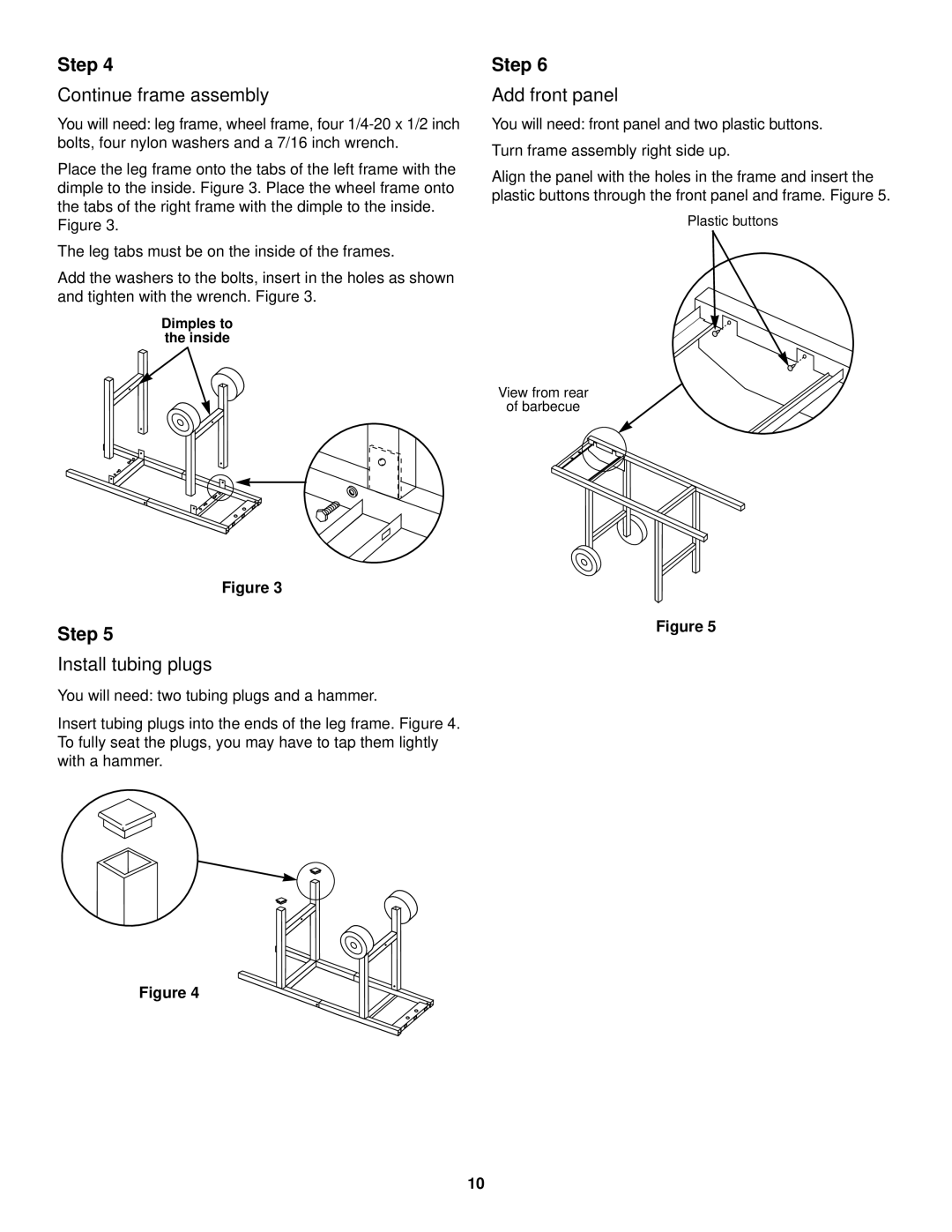 Weber 500 LX owner manual Continue frame assembly, Install tubing plugs, Add front panel 