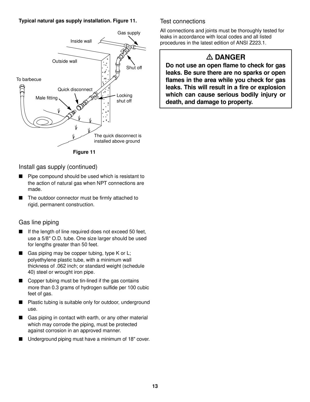 Weber 500 LX owner manual Gas line piping, Test connections, Typical natural gas supply installation. Figure 