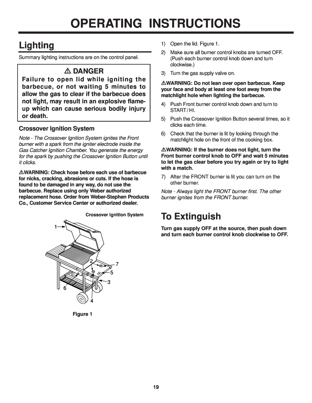 Weber 500 LX owner manual Operating Instructions, Lighting, To Extinguish, m DANGER, Crossover Ignition System 