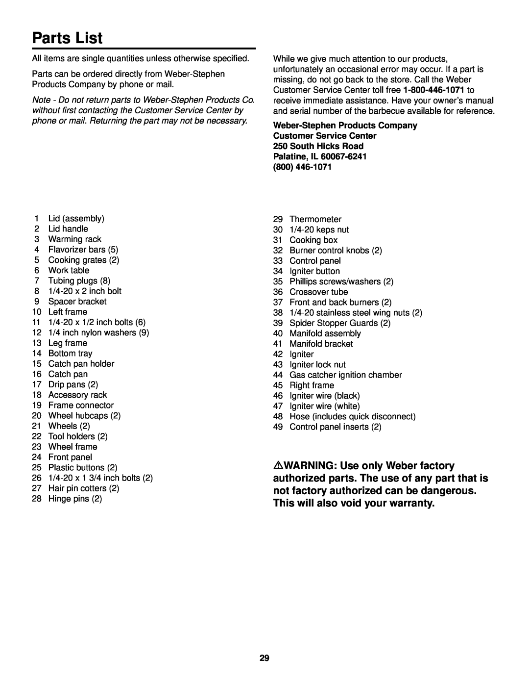 Weber 500 LX Parts List, Weber-Stephen Products Company Customer Service Center, South Hicks Road Palatine, IL 60067-6241 