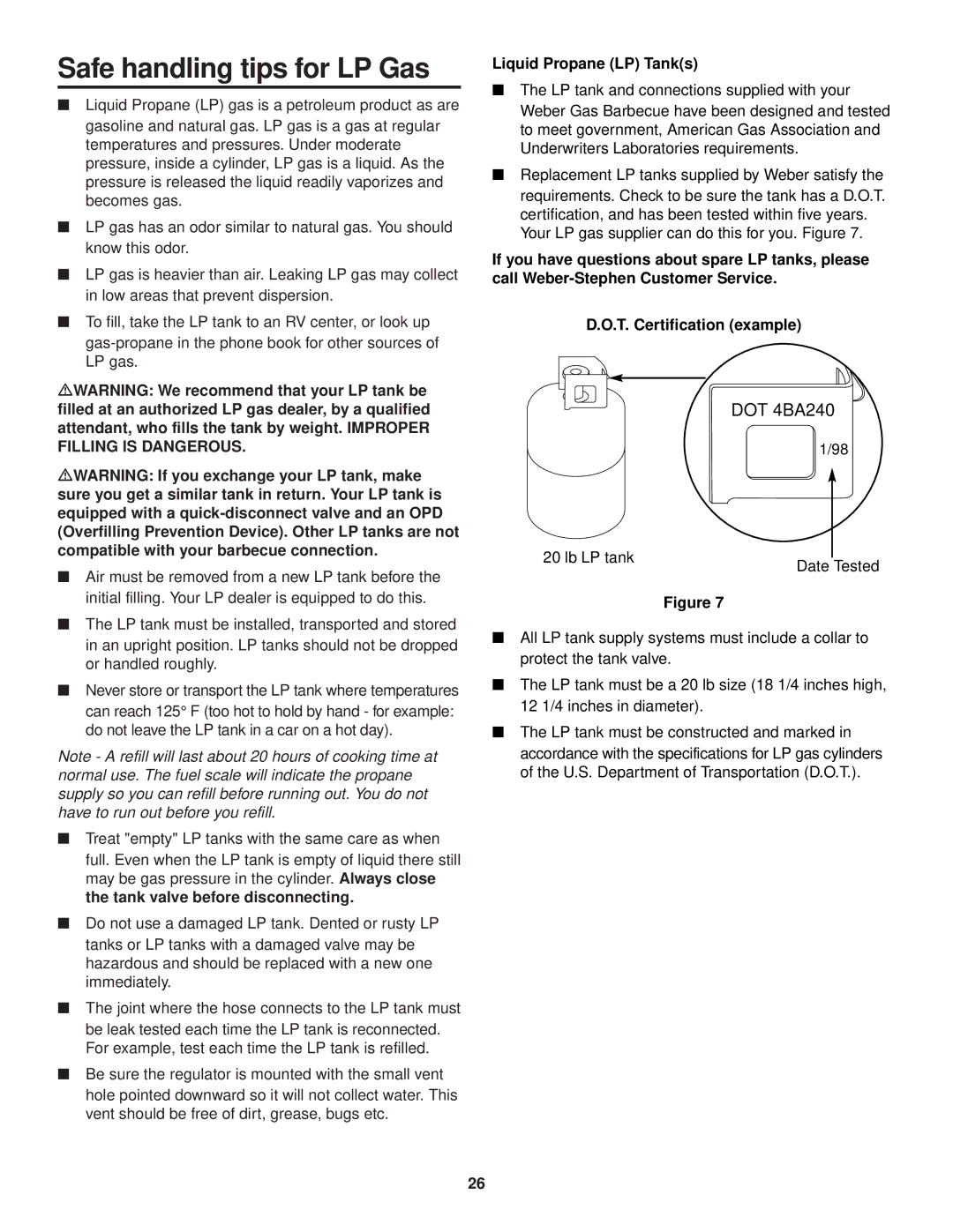 Weber 500 Series owner manual Safe handling tips for LP Gas, Liquid Propane LP Tanks 