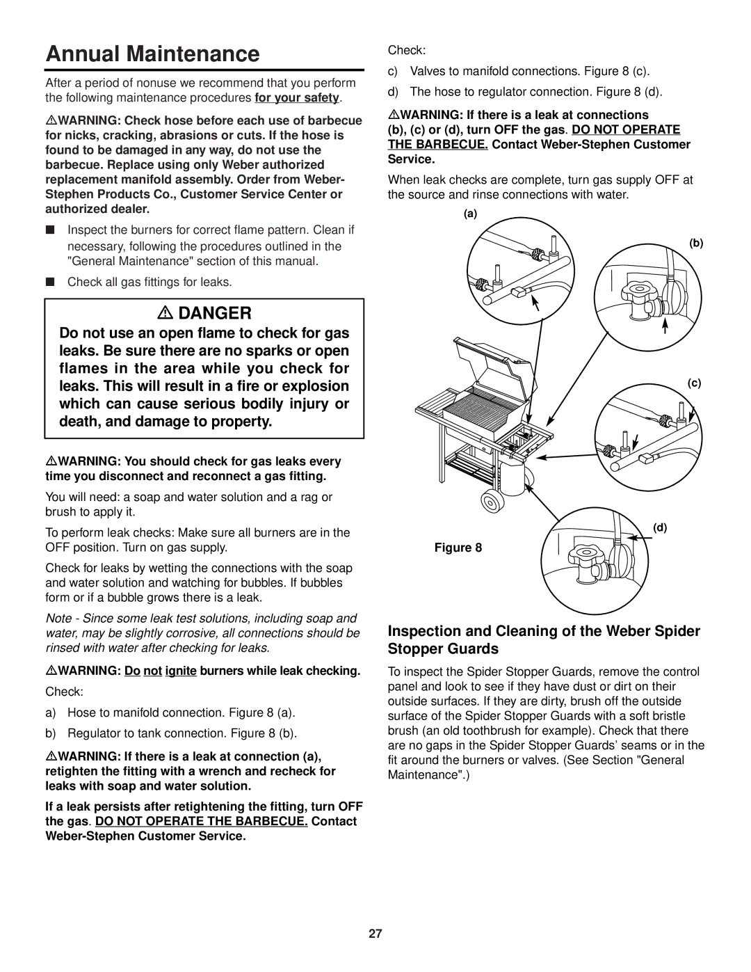 Weber 500 Series owner manual Annual Maintenance, Inspection and Cleaning of the Weber Spider Stopper Guards 