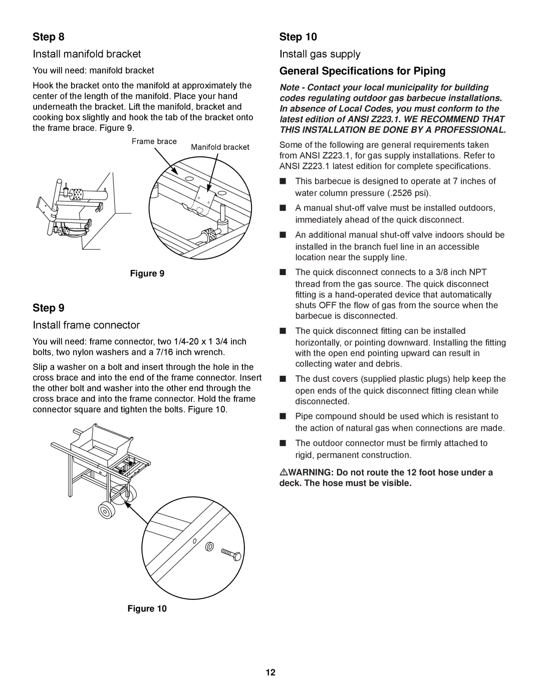 Weber 500 Series Install manifold bracket, Install frame connector, Install gas supply, General Specifications for Piping 