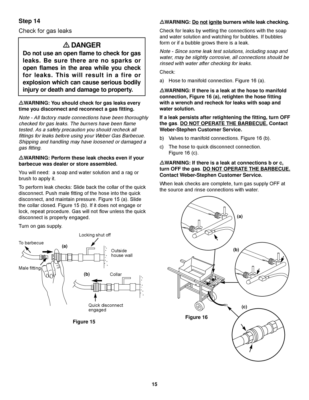 Weber 500 Series owner manual Check for gas leaks, MWARNING Do not ignite burners while leak checking 