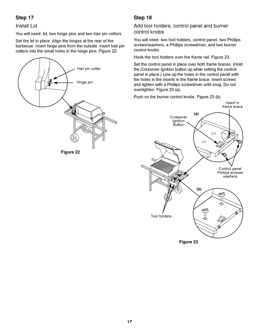 Weber 500 Series owner manual Install Lid, Add tool holders, control panel and burner control knobs 