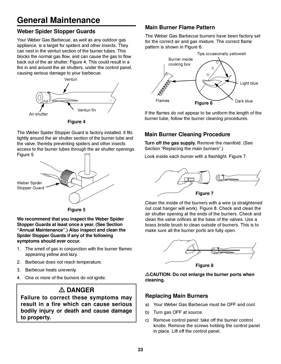 Weber 500 Series General Maintenance, Weber Spider Stopper Guards, Main Burner Flame Pattern, Replacing Main Burners 