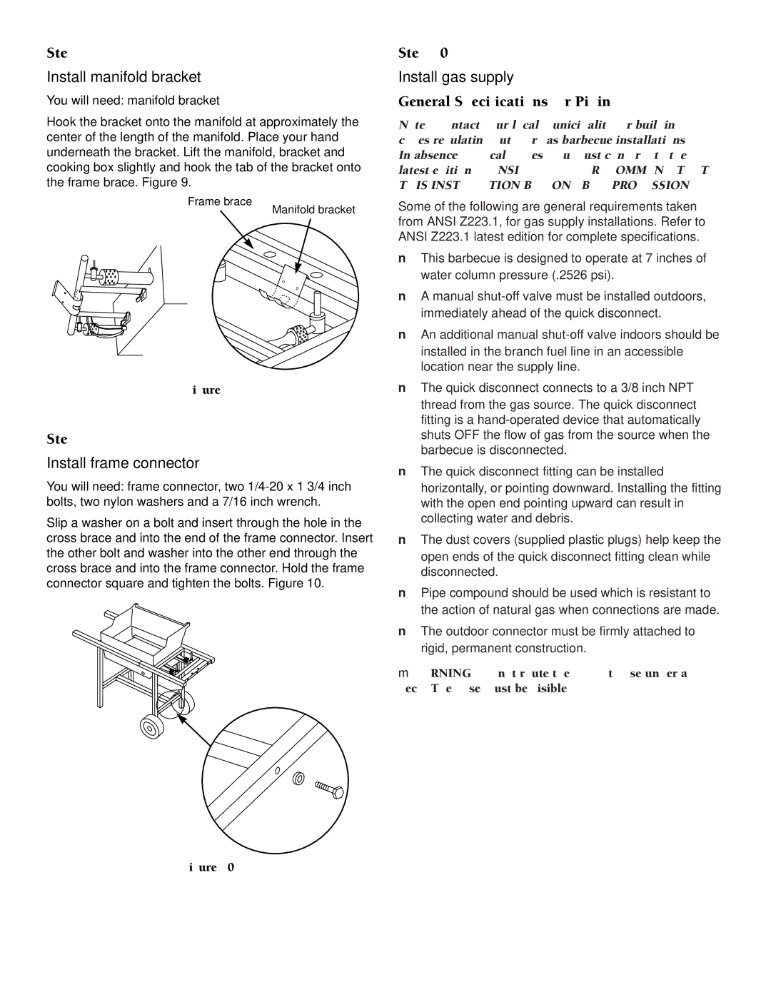 Weber 500 Install manifold bracket, Install frame connector, Install gas supply, General Specifications for Piping 