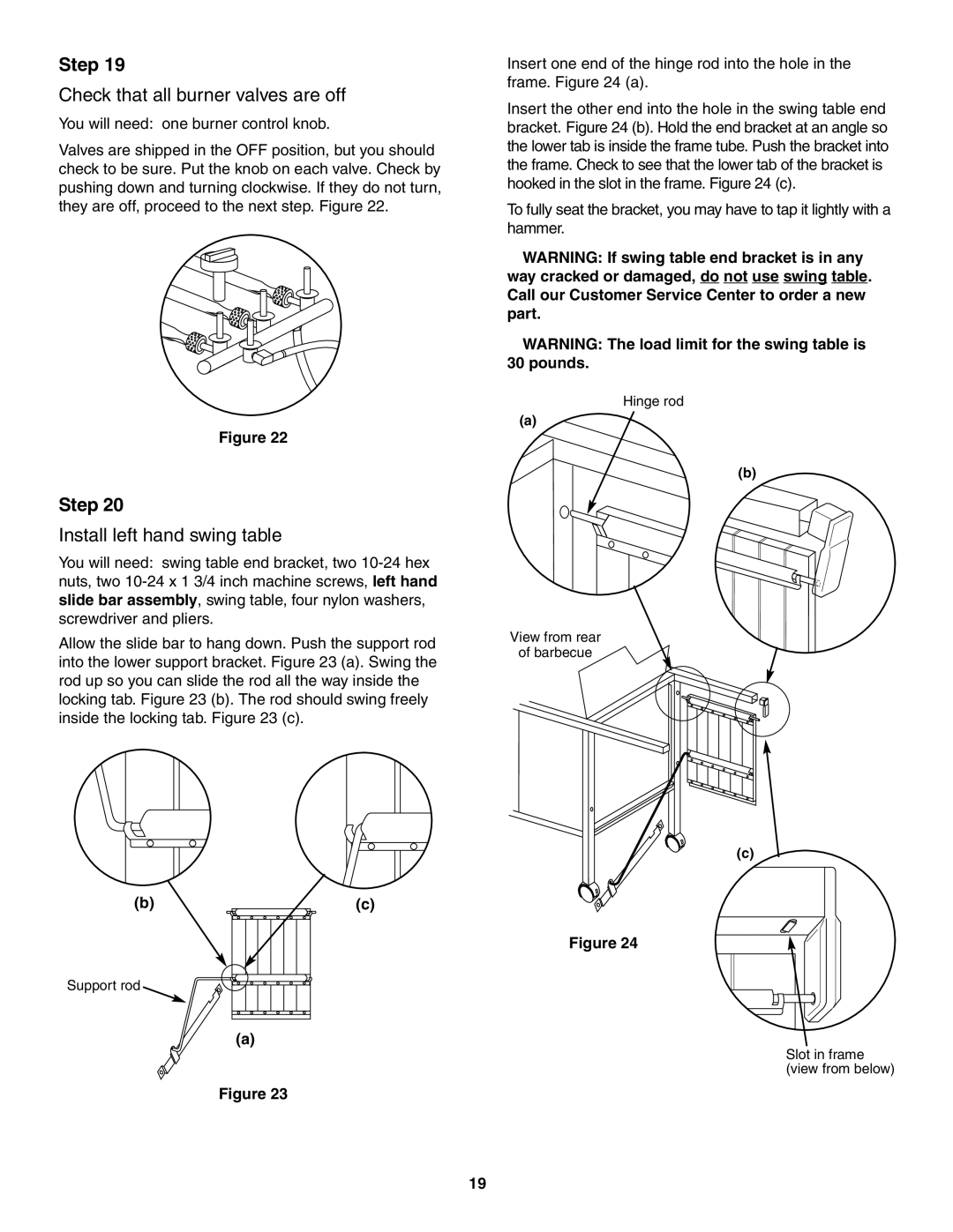 Weber 5000 Series owner manual Check that all burner valves are off, Install left hand swing table 