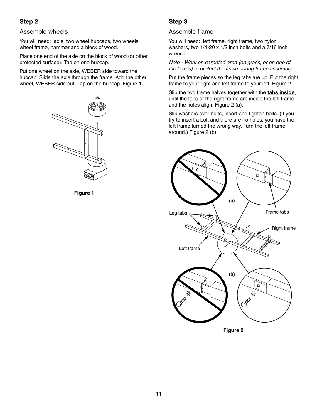 Weber 5000 owner manual Assemble wheels, Assemble frame 