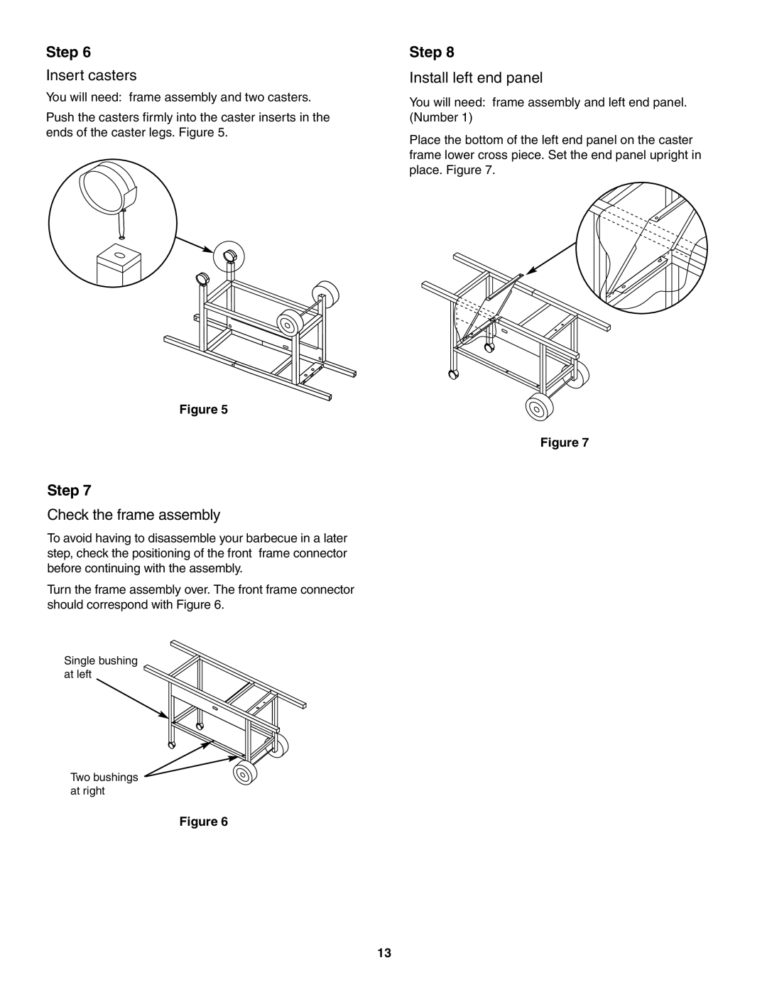 Weber 5000 owner manual Insert casters, Check the frame assembly, Install left end panel 