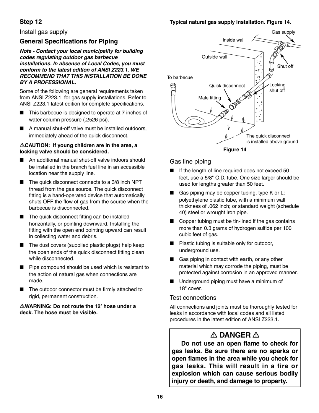 Weber 5000 owner manual Install gas supply, General Specifications for Piping, Gas line piping, Test connections 