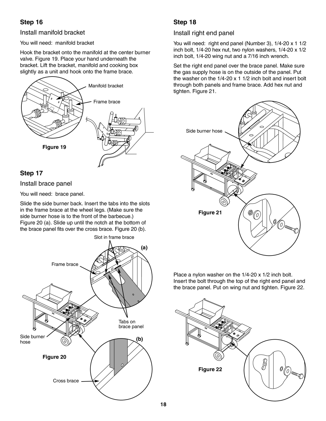 Weber 5000 owner manual Install manifold bracket, Install brace panel, Install right end panel 