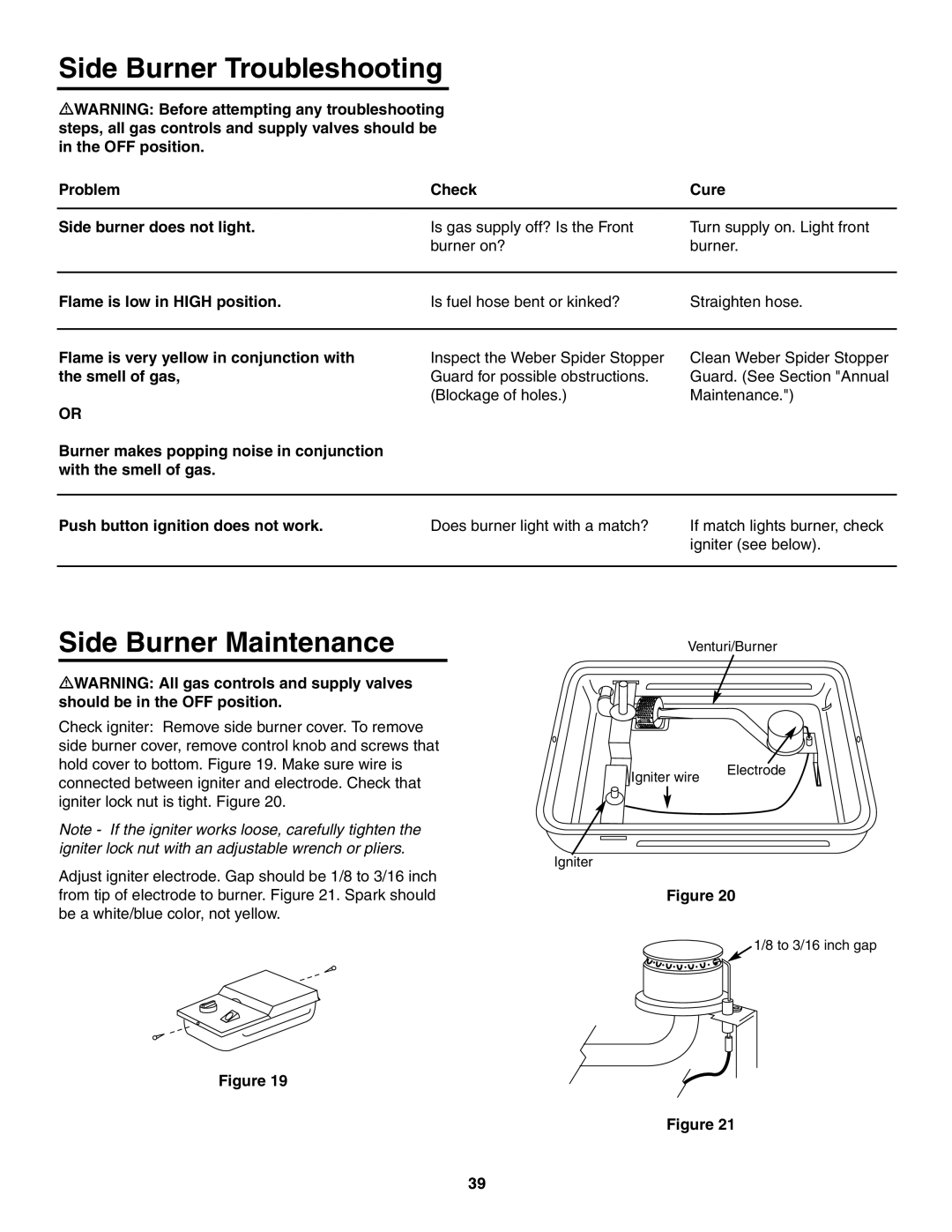 Weber 5000 owner manual Side Burner Troubleshooting, Side Burner Maintenance, Problem Check Cure Side burner does not light 