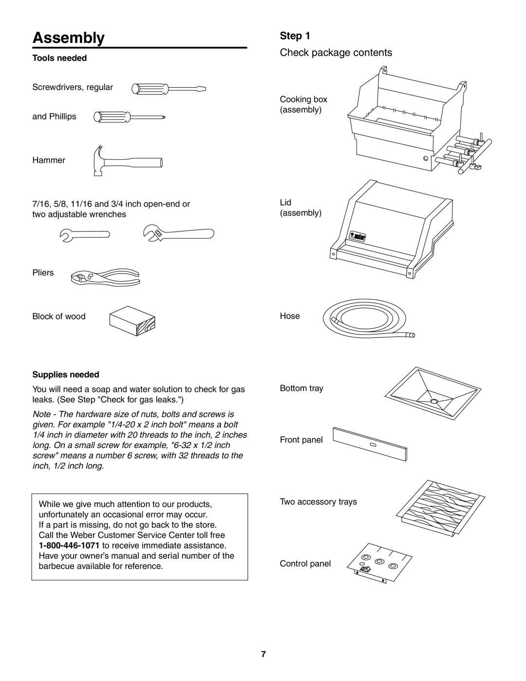 Weber 5000 owner manual Assembly, Step, Check package contents 