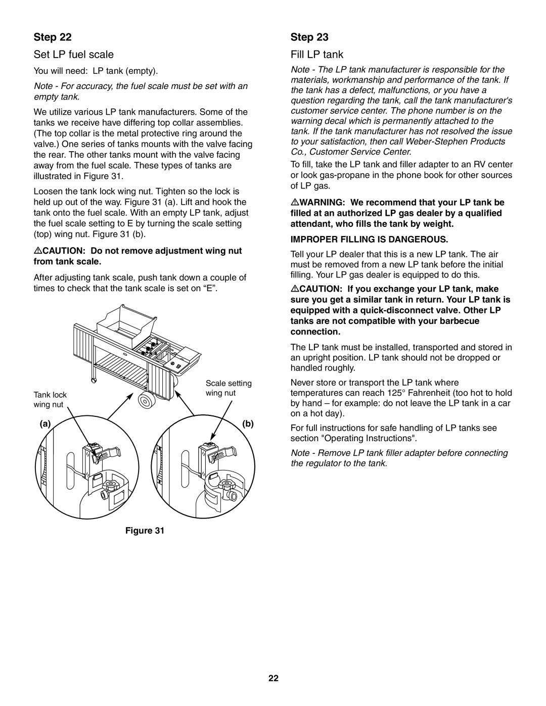 Weber 5000 owner manual Set LP fuel scale, Fill LP tank 