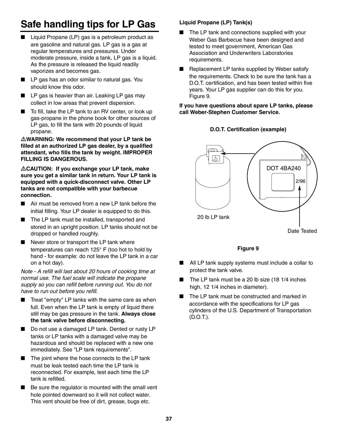 Weber 5000 owner manual Safe handling tips for LP Gas, Liquid Propane LP Tanks 