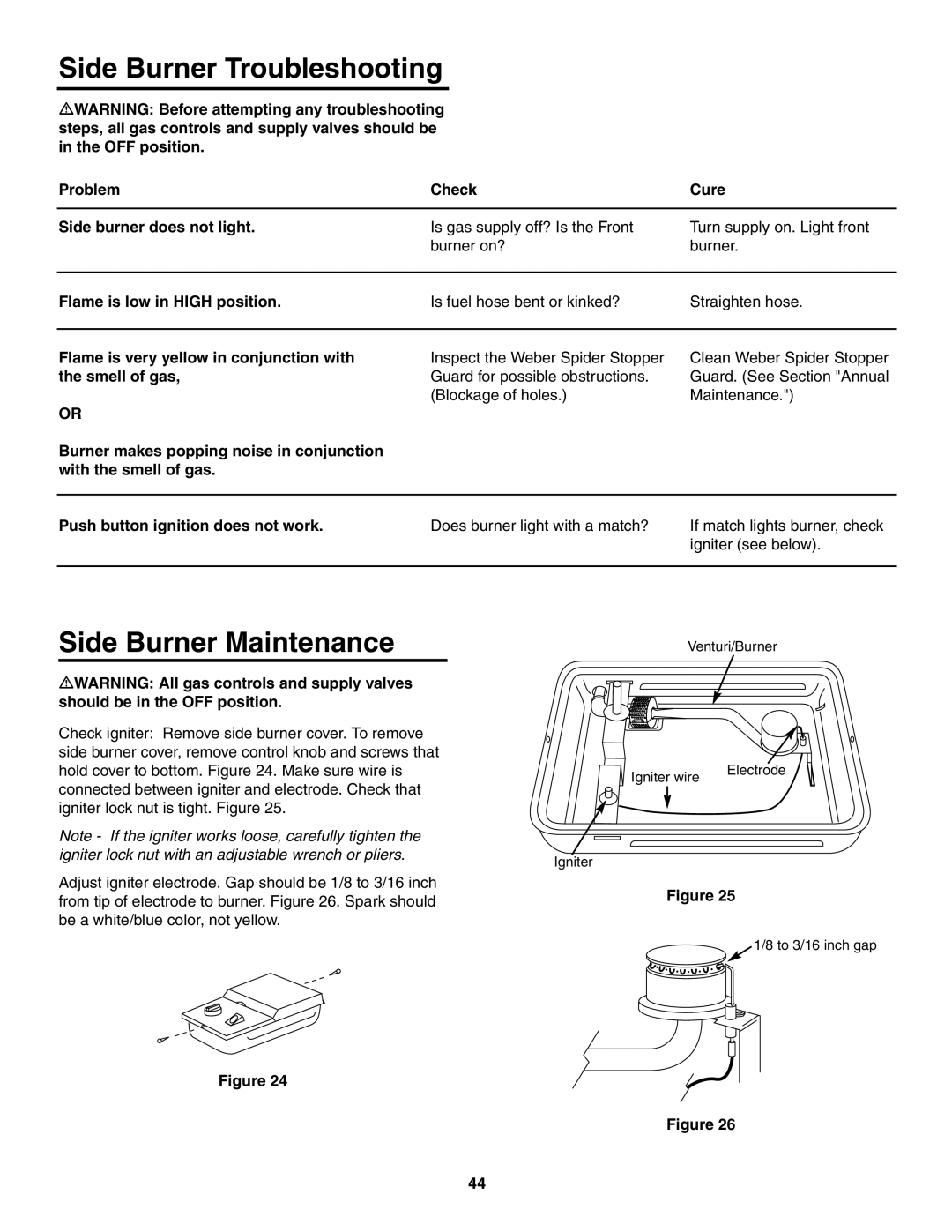 Weber 5000 owner manual Side Burner Troubleshooting, Side Burner Maintenance, Problem Check Cure Side burner does not light 