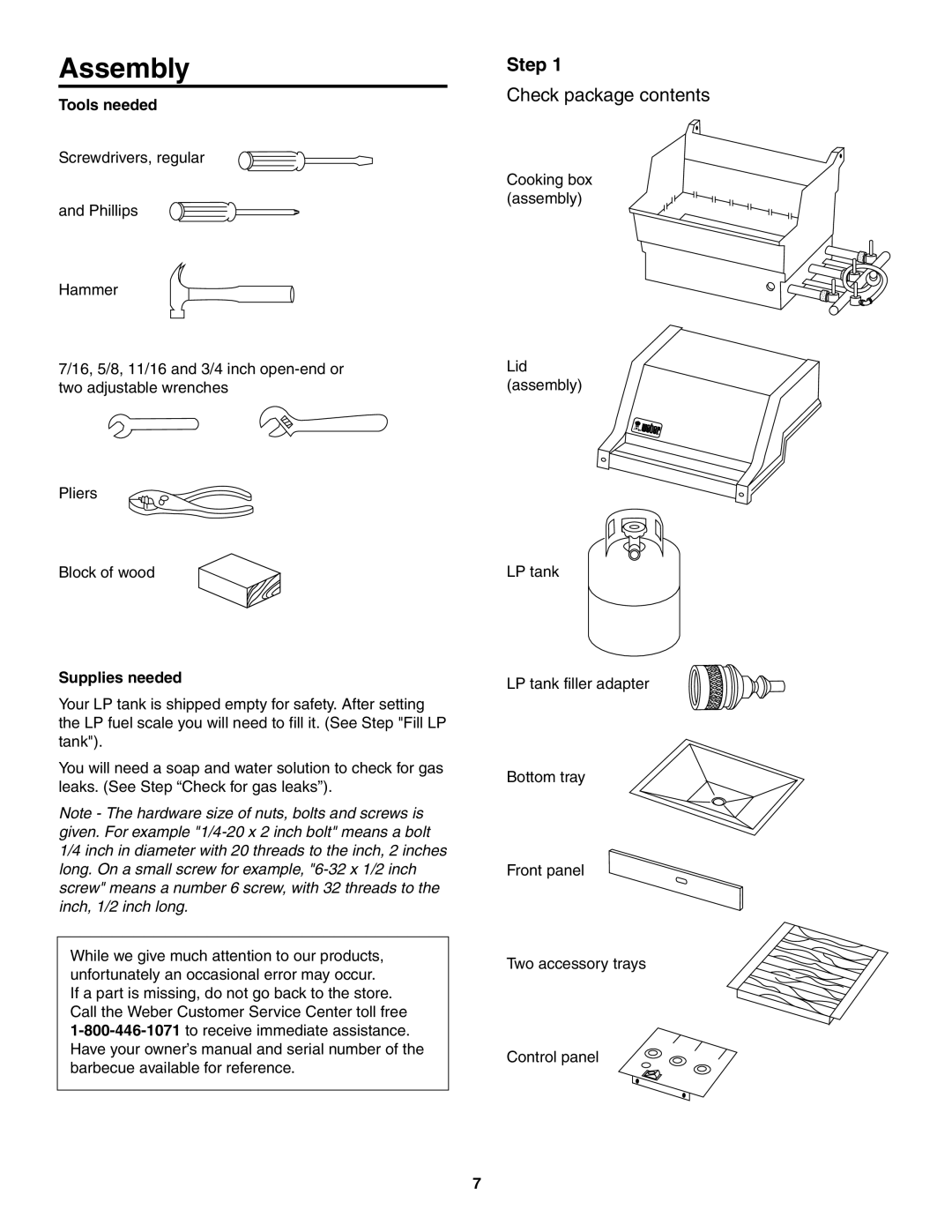 Weber 5000 owner manual Assembly, Step, Check package contents 