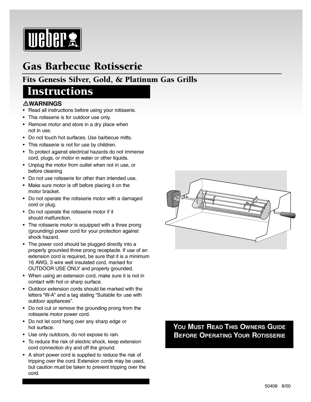 Weber 50408 8/00 manual Instructions 