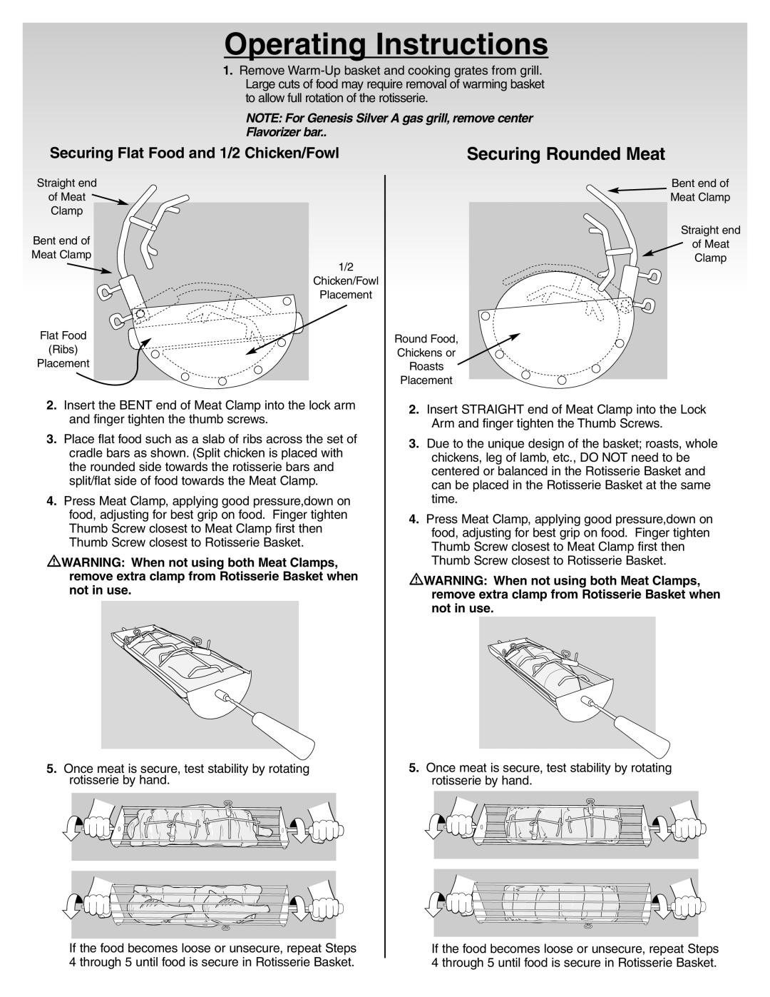 Weber 50408 8/00 Operating Instructions, Securing Rounded Meat, Remove extra clamp from Rotisserie Basket when Not in use 