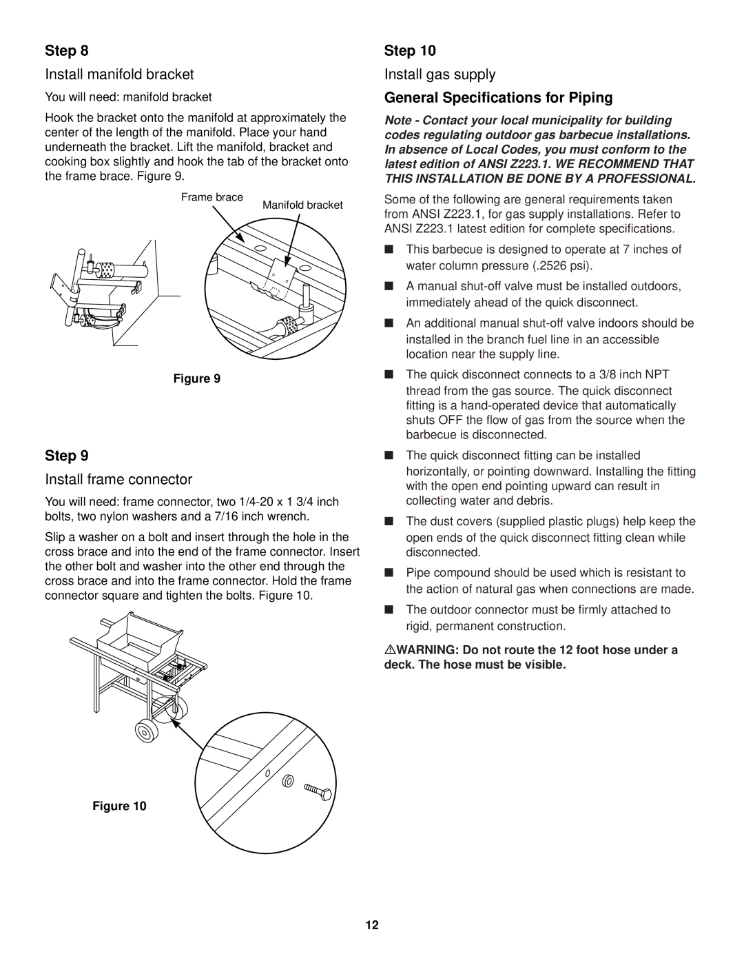 Weber 520 Install manifold bracket, Install frame connector, Install gas supply, General Specifications for Piping 