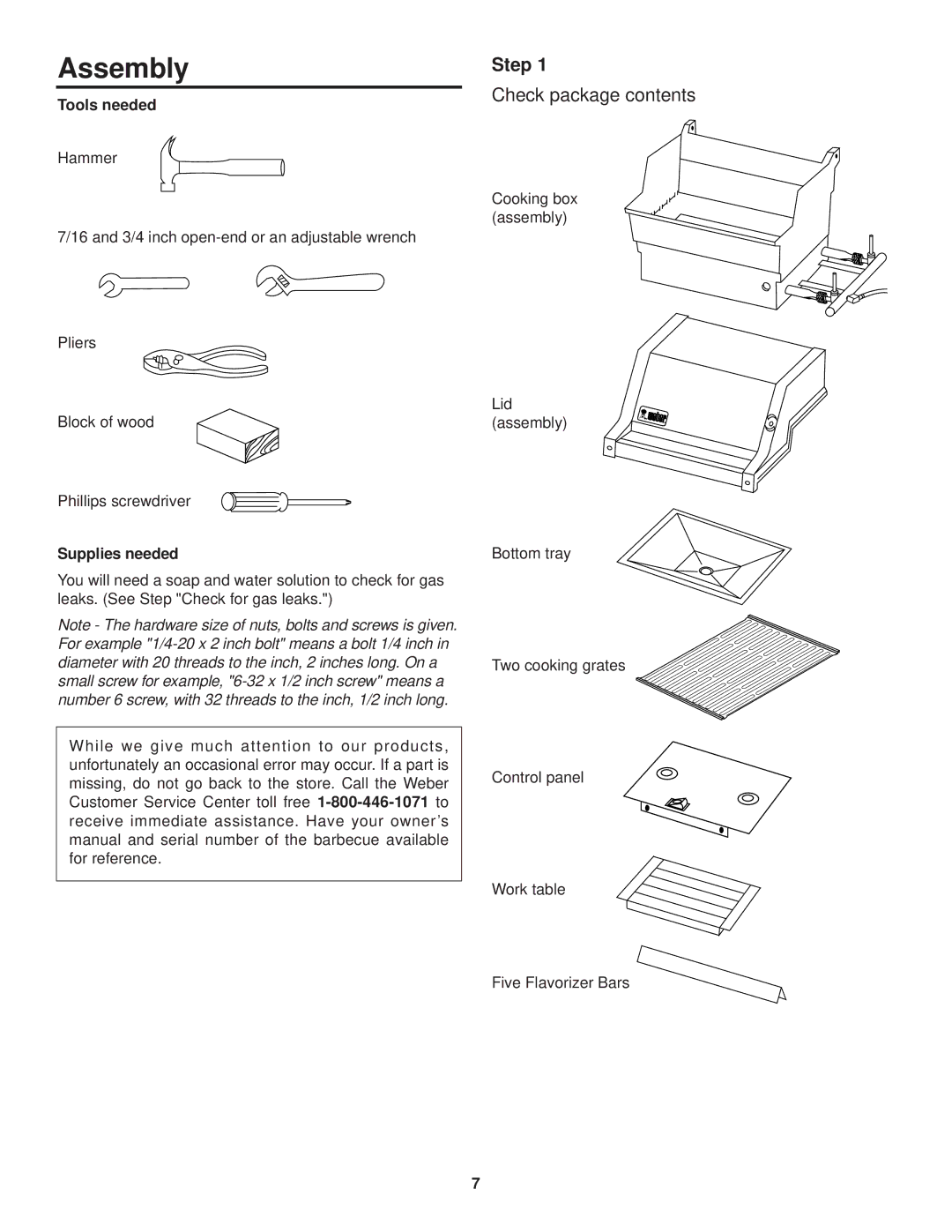 Weber 520 owner manual Assembly, Step, Check package contents 