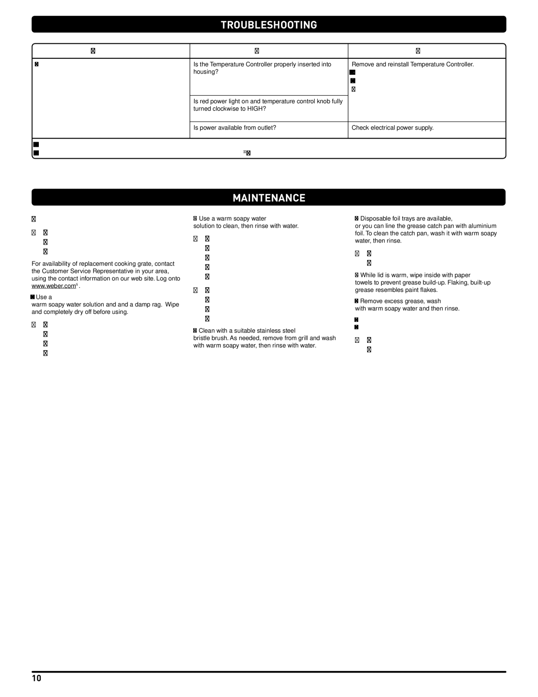 Weber 522001 manual TROUbLESHOOTING, MAINTENANcE, Problem Check, Cure, Cleaning 