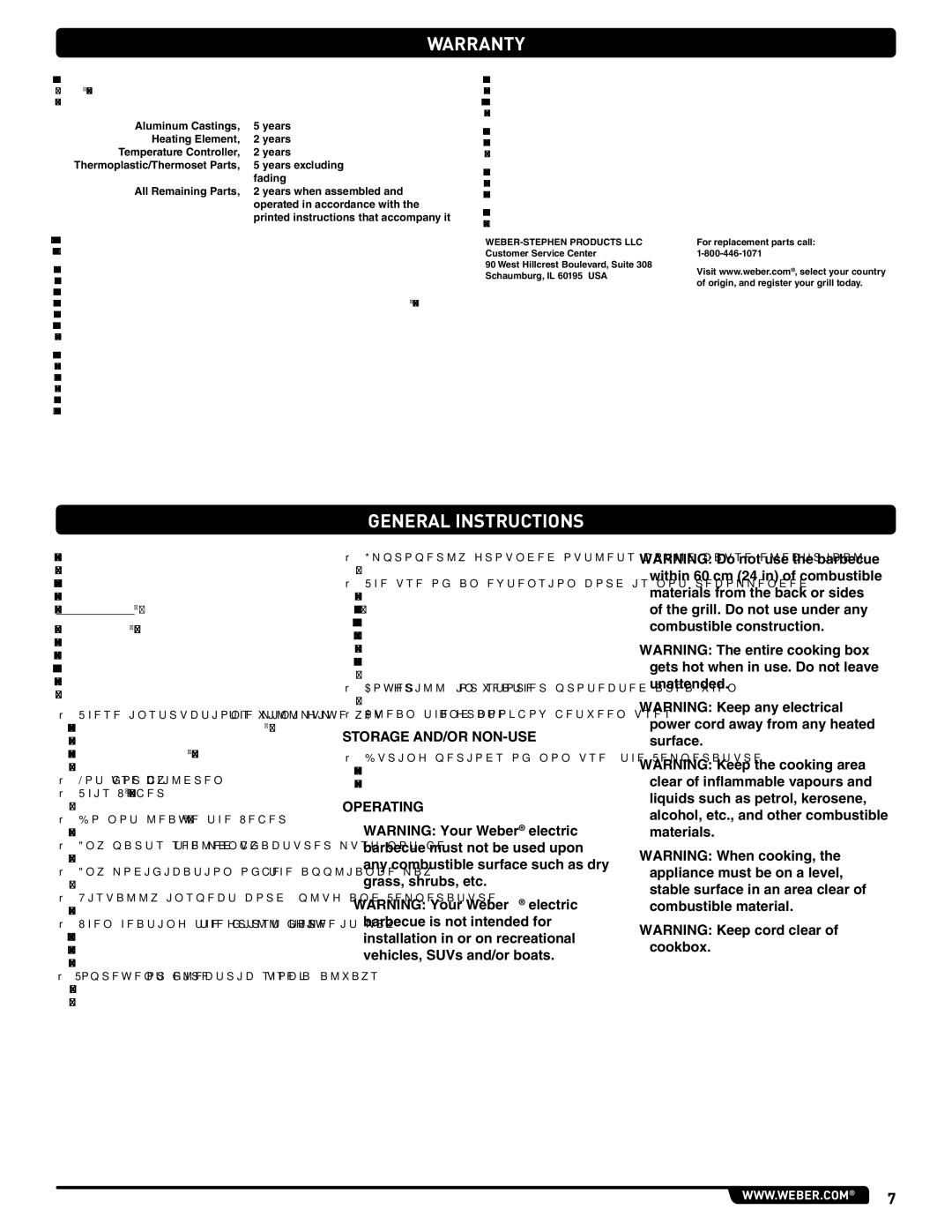 Weber 522001 manual WARRANTy, General INSTRUcTIONS, Storage AND/OR NON-USE, Operating 