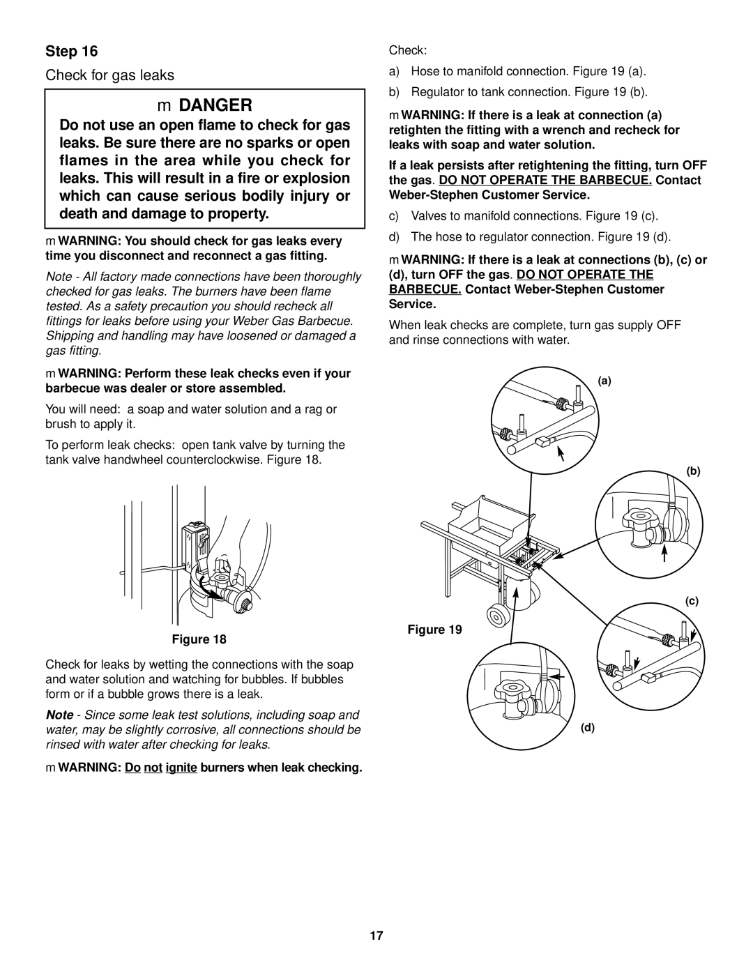 Weber 530 owner manual Check for gas leaks, MWARNING Do not ignite burners when leak checking 