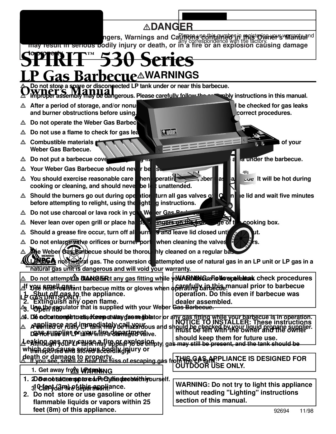 Weber 530 owner manual Mdanger Mwarnings, LP GAS Units only 