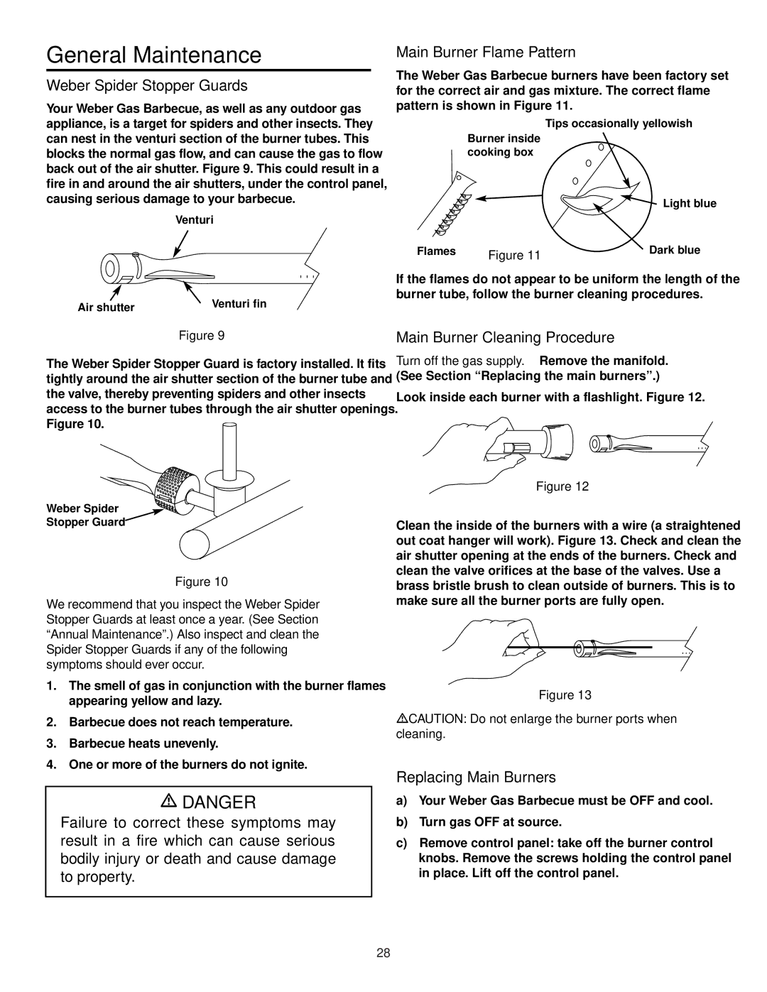 Weber 530 General Maintenance, Weber Spider Stopper Guards, Main Burner Cleaning Procedure, Replacing Main Burners 