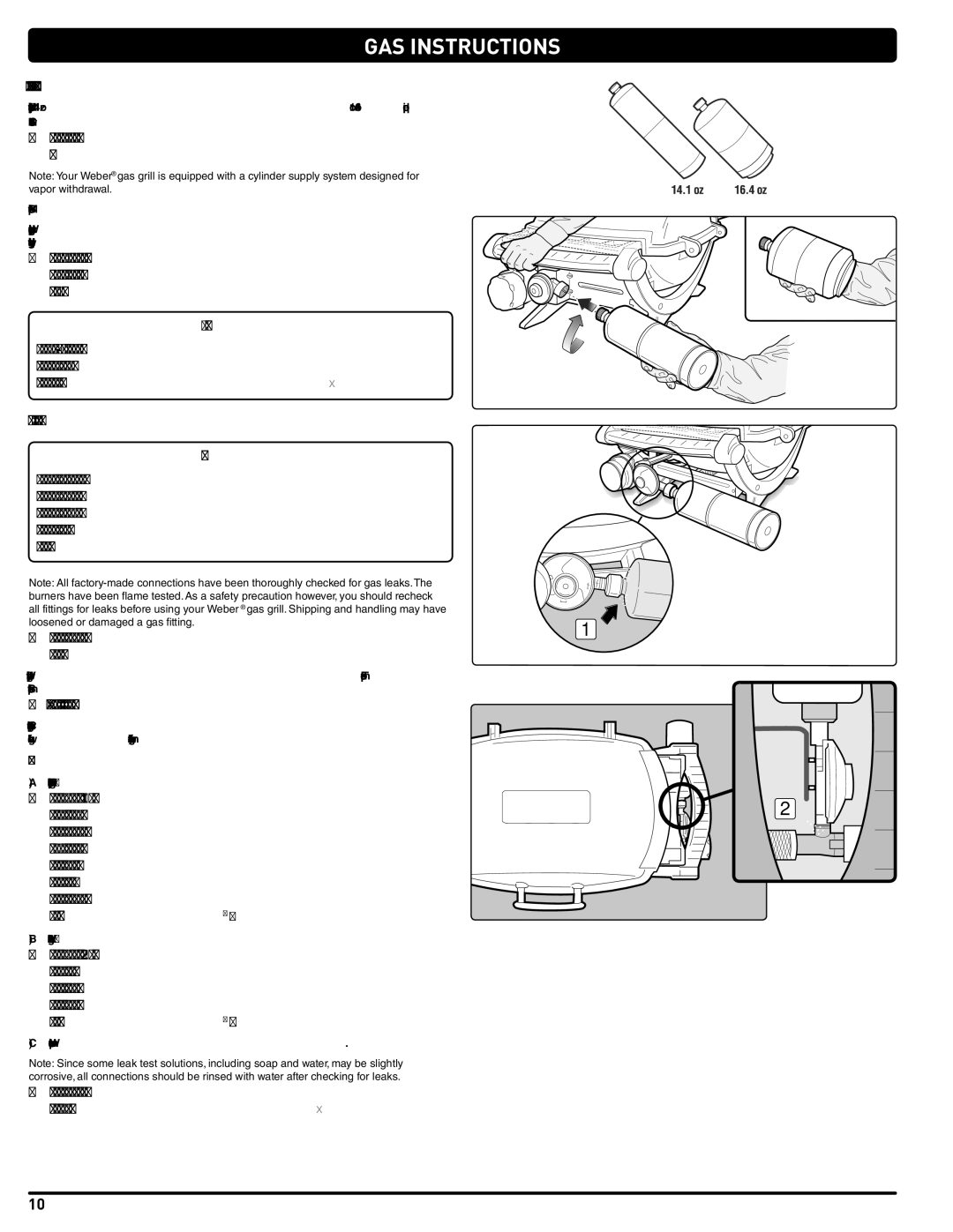 Weber 54329 instruction manual GAS Instructions, Attach the Propane Cylinder, Check for GAS Leaks 