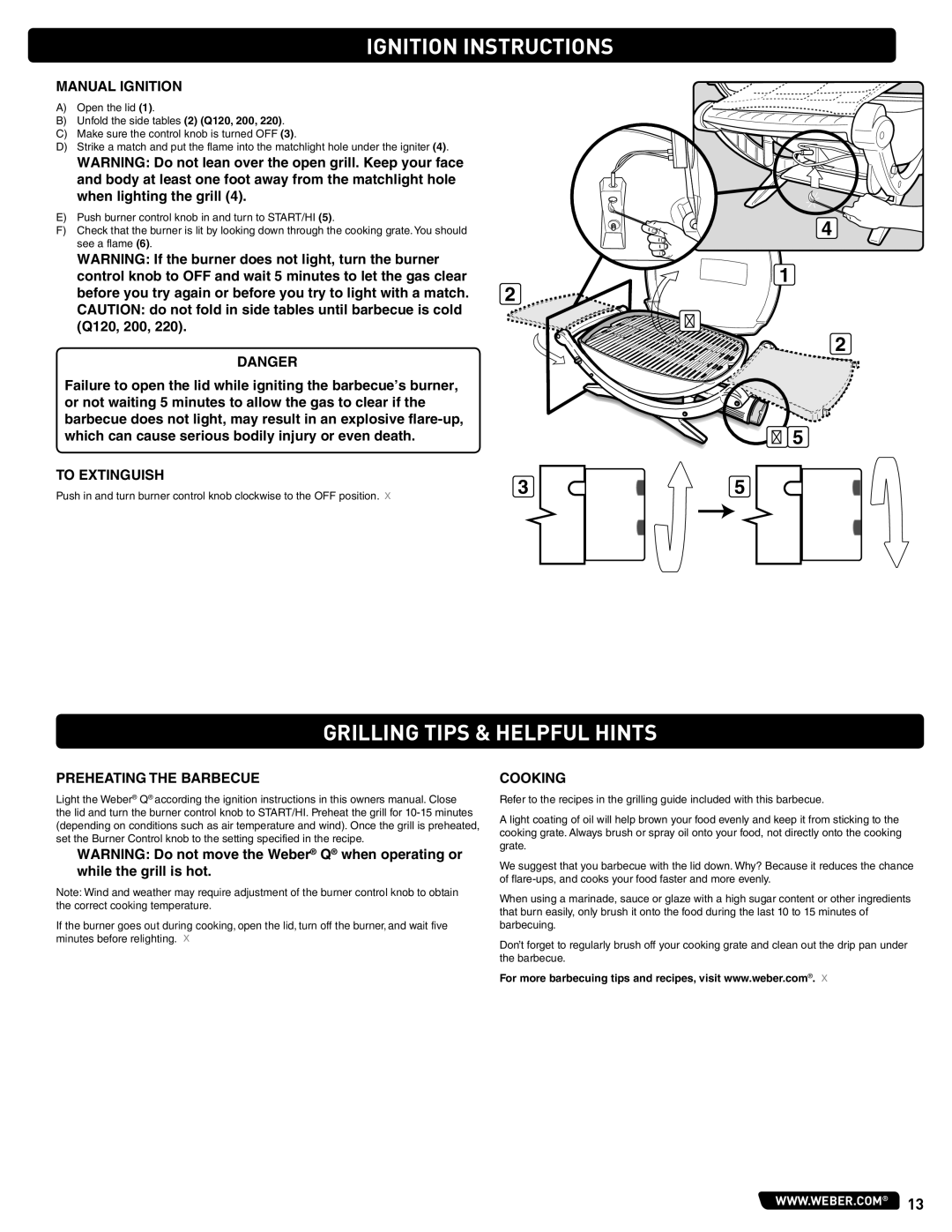 Weber 54329 instruction manual Grilling Tips & Helpful Hints, Preheating the Barbecue, Cooking 