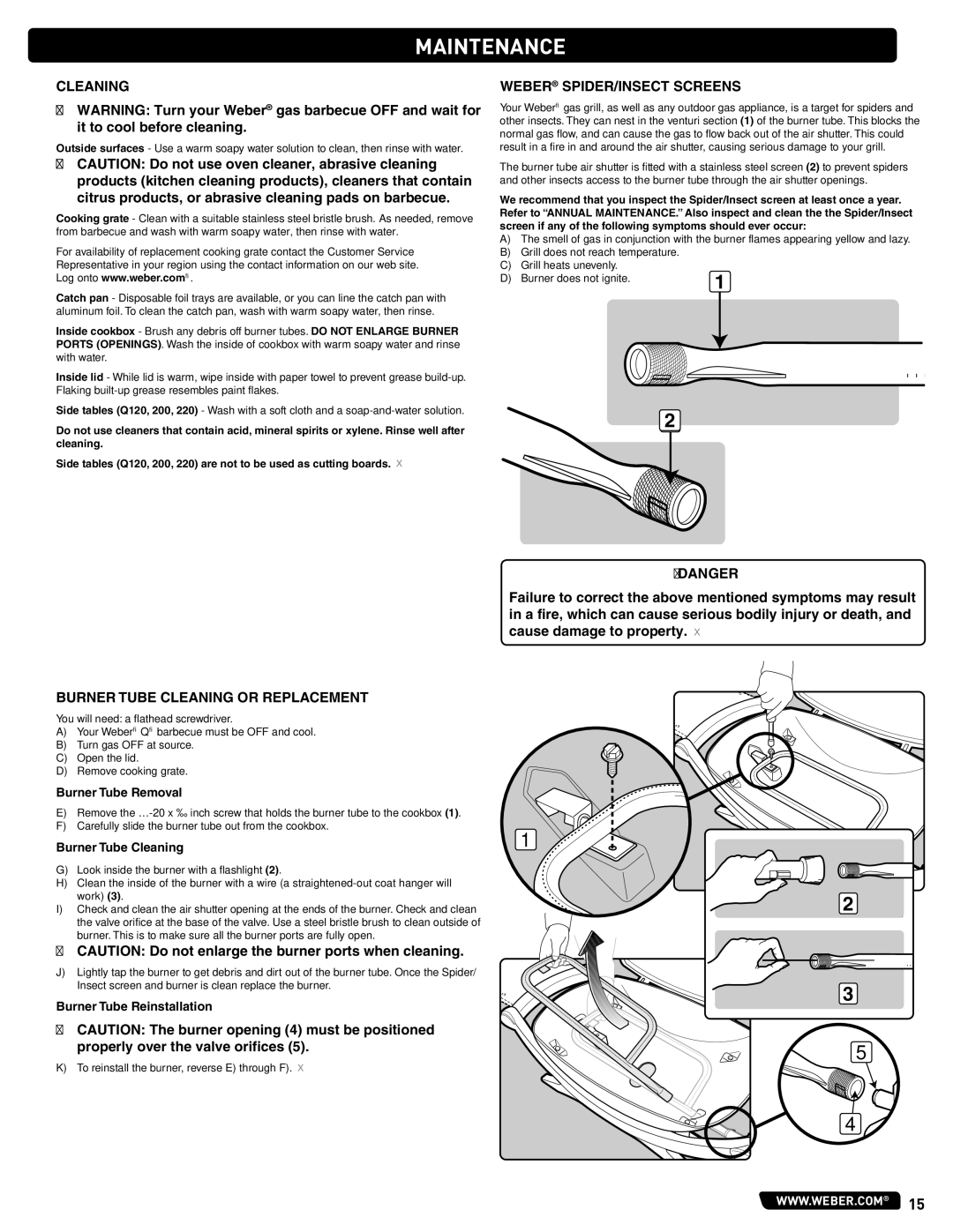 Weber 54329 instruction manual Maintenance, Burner Tube Cleaning or Replacement, Weber SPIDER/INSECT Screens 