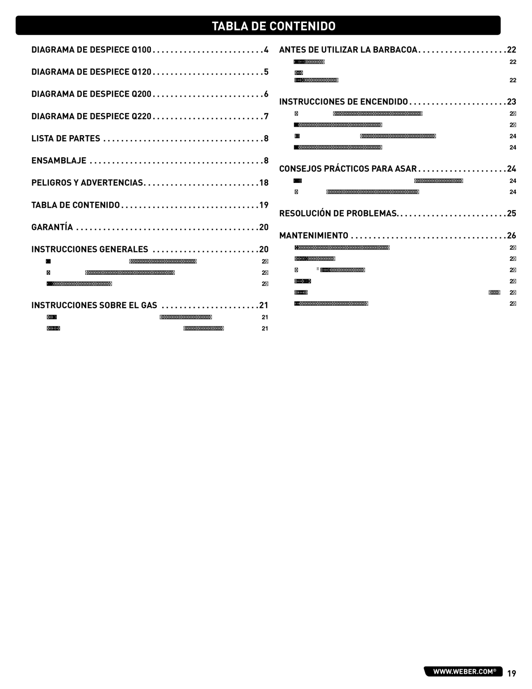 Weber 54329 instruction manual Tabla DE Contenido, Antes DE Utilizar LA Barbacoa 