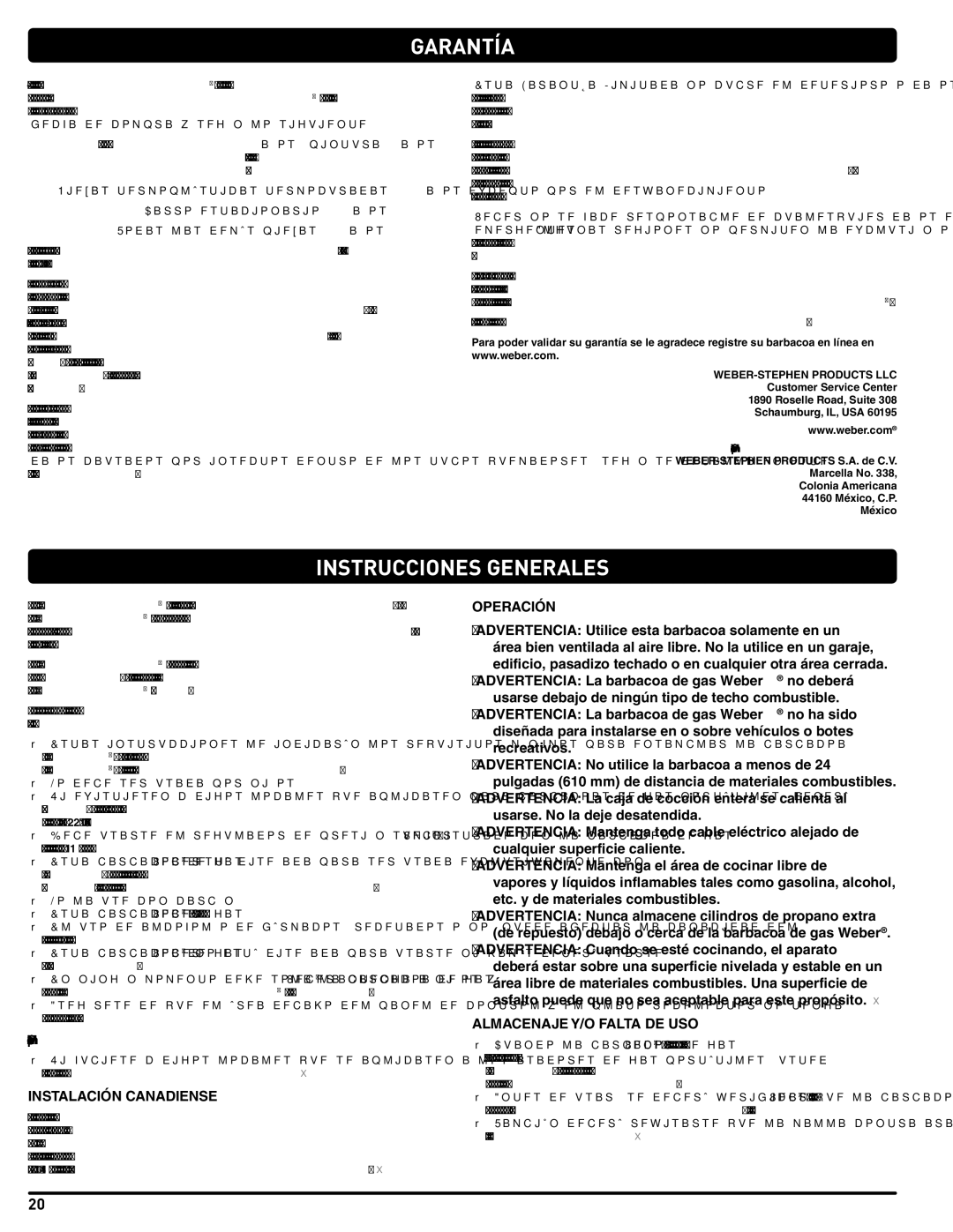 Weber 54329 Garantía, Instrucciones Generales, Instalación Canadiense, Operación, Almacenaje Y/O Falta DE USO 