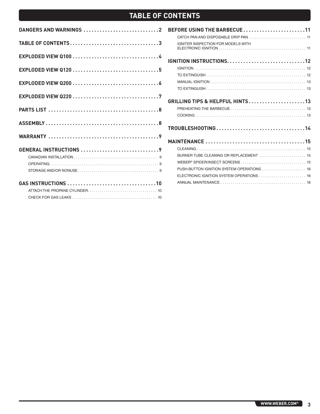 Weber 54329 instruction manual Table of Contents 