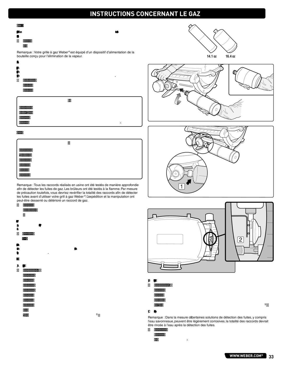 Weber 54329 Instructions Concernant LE GAZ, Fixer LA Bouteille DE Propane, Detection DES Fuites DE GAZ, Vérifiez 