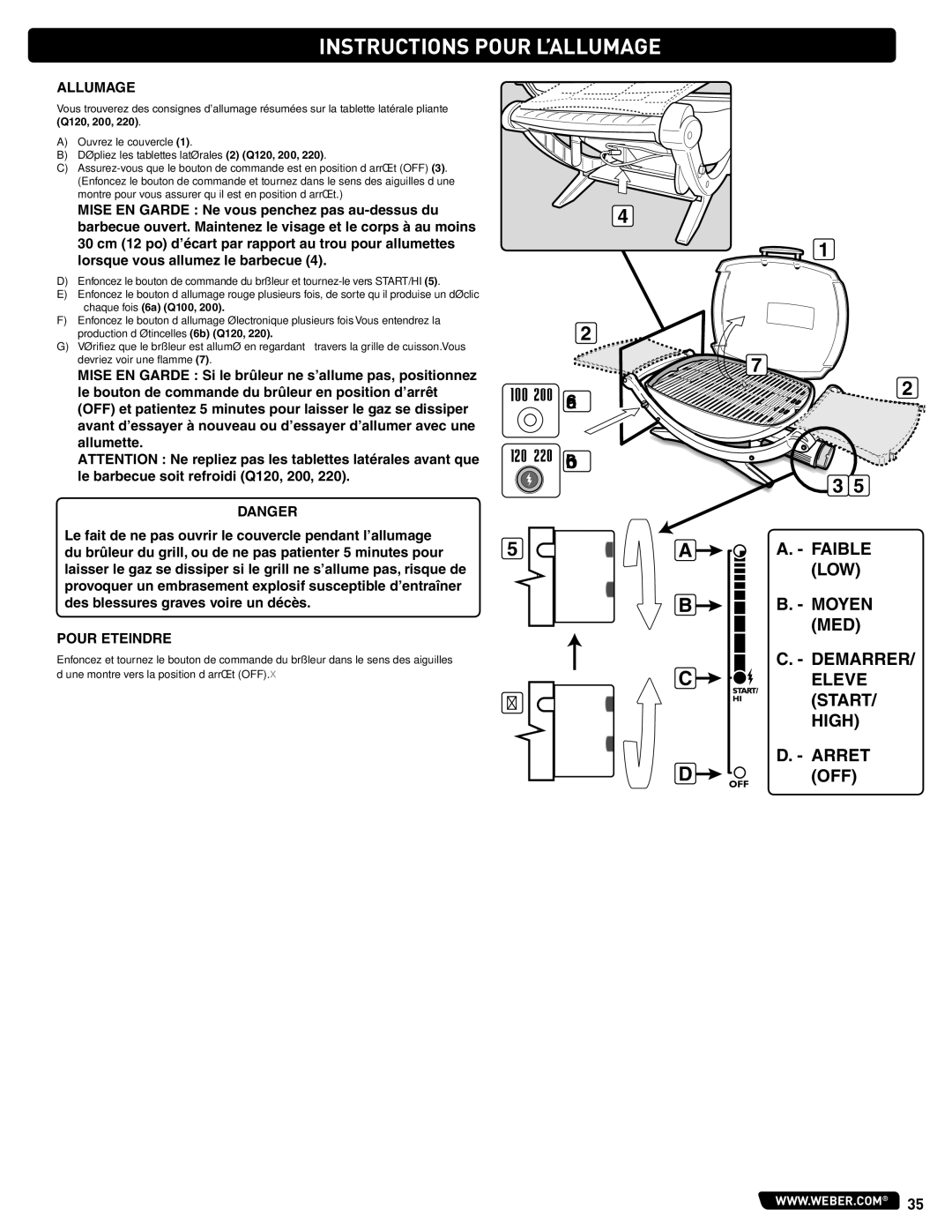 Weber 54329 instruction manual Instructions Pour L’ALLUMAGE, Allumage, Pour Eteindre 