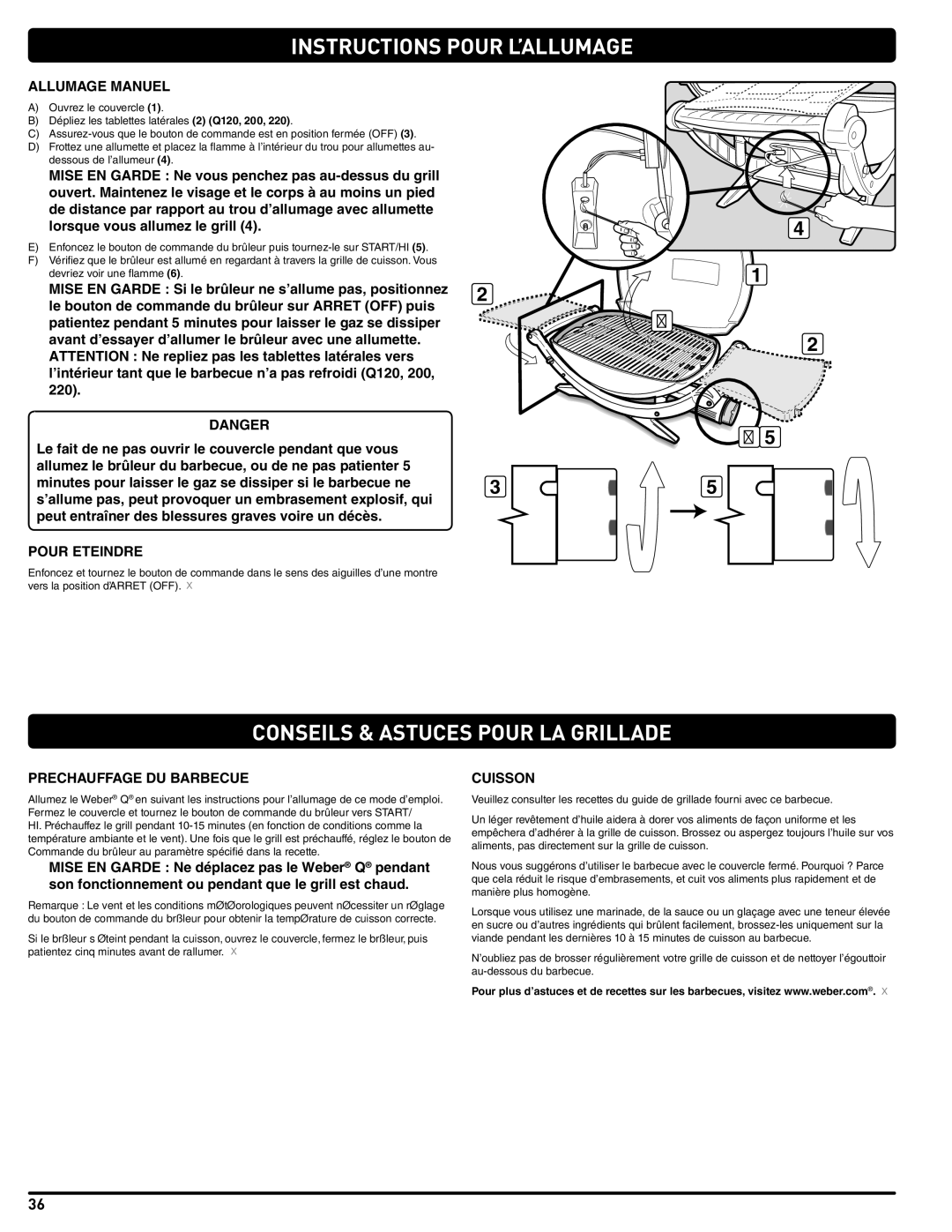 Weber 54329 instruction manual Conseils & Astuces Pour LA Grillade, Allumage Manuel, Prechauffage DU Barbecue, Cuisson 