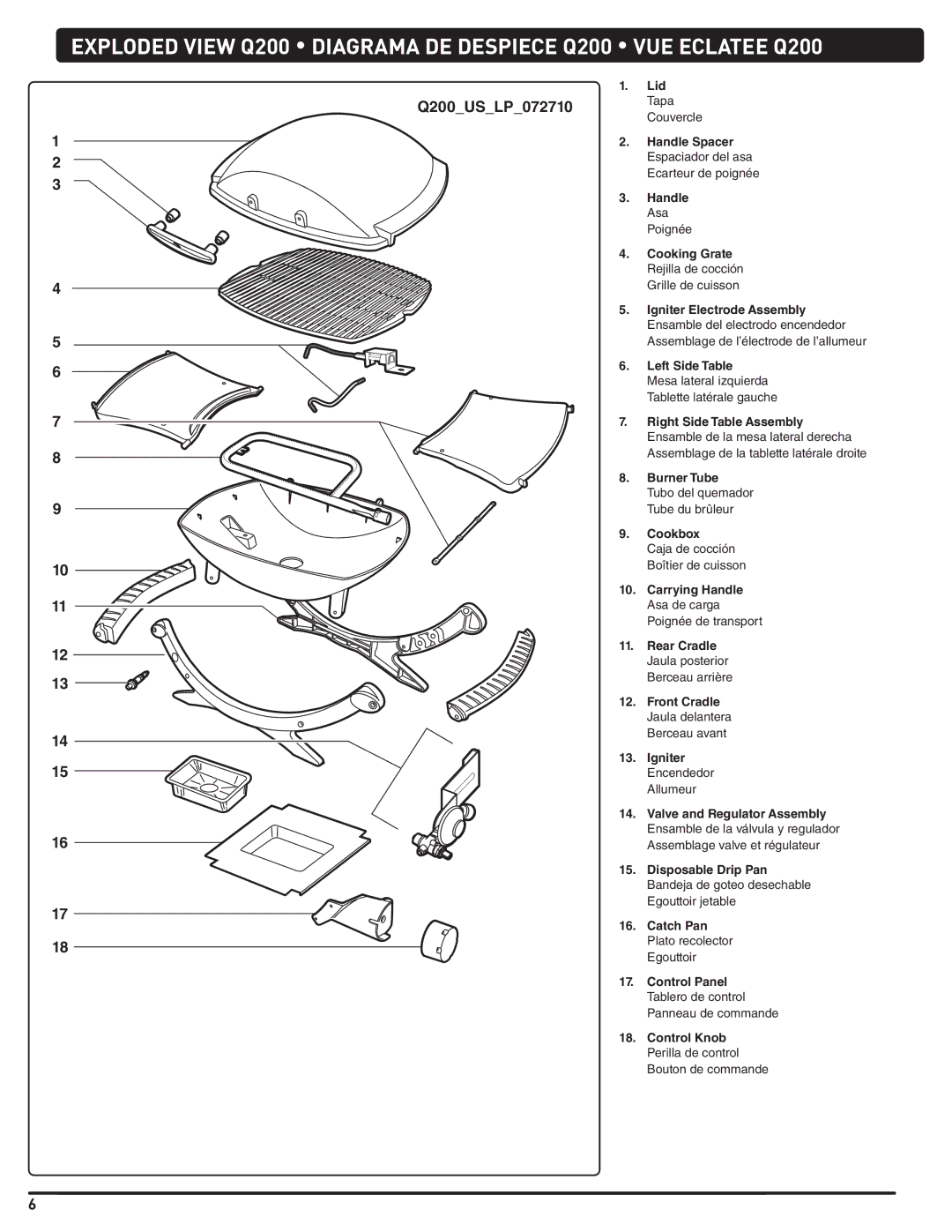 Weber 54329 instruction manual Burner Tube Tubo del quemador Tube du brûleur Cookbox, Carrying Handle Asa de carga 