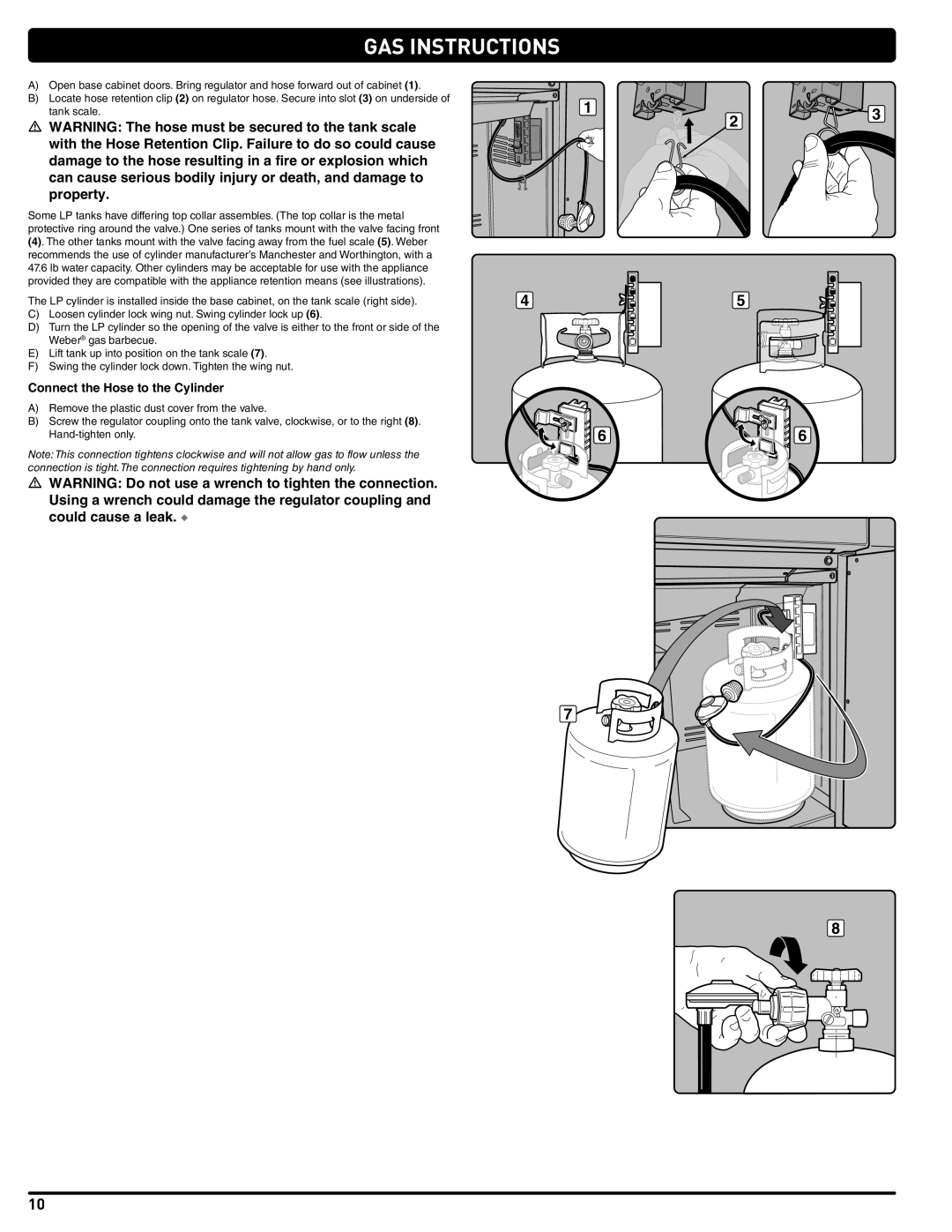 Weber 54381 manual GAS Instructions, Connect the Hose to the Cylinder 