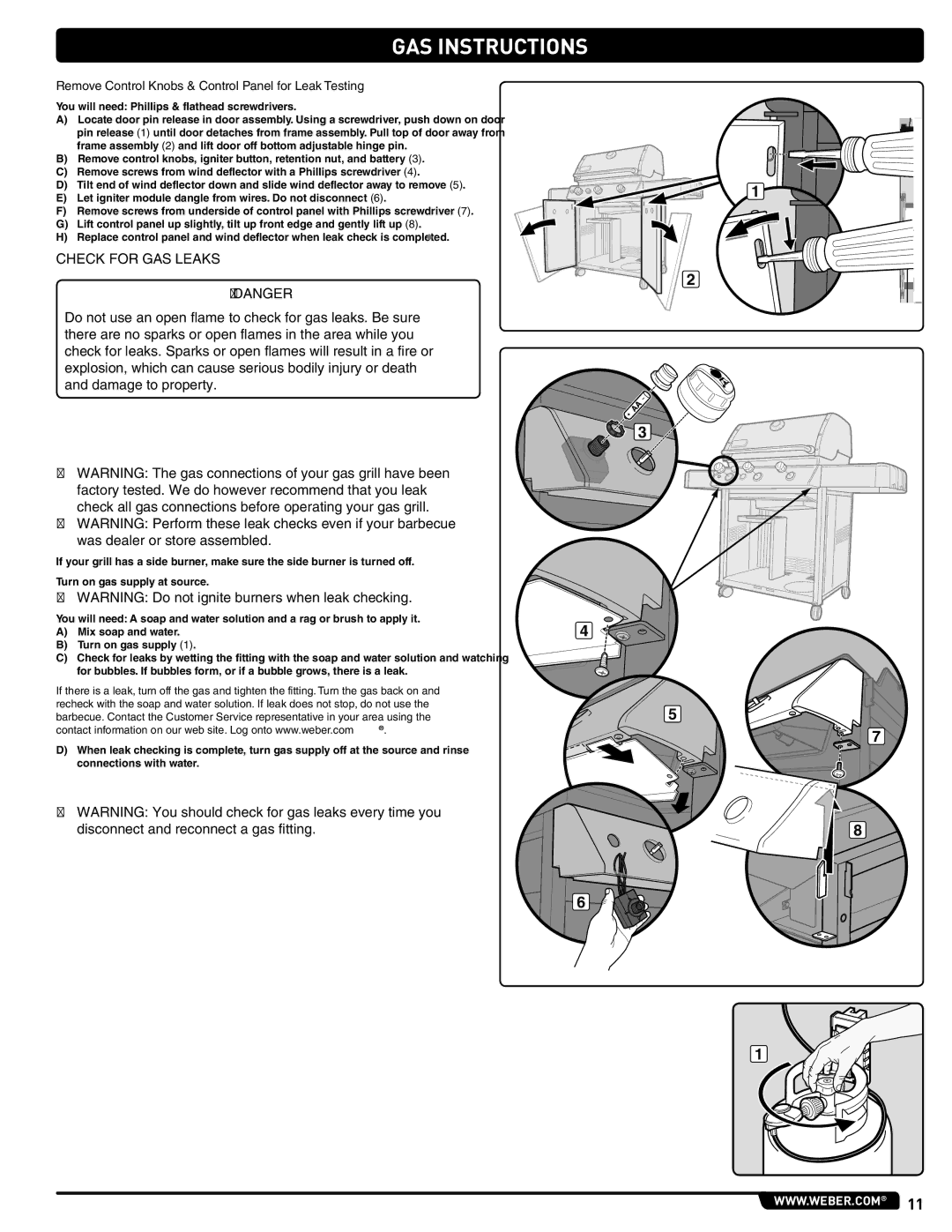 Weber 54381 manual Check for GAS Leaks, Remove Control Knobs & Control Panel for Leak Testing 