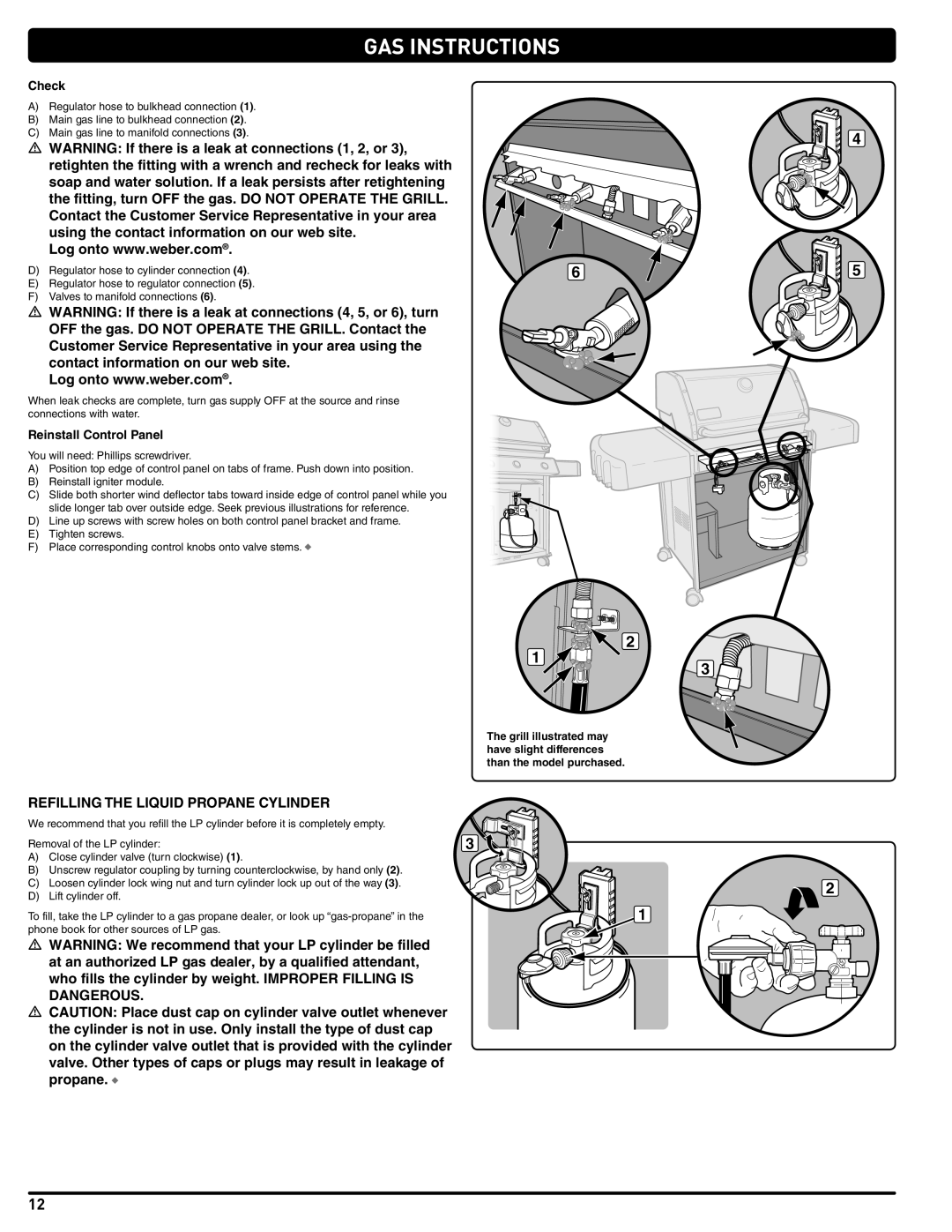 Weber 54381 manual Refilling the Liquid Propane Cylinder, Check, Reinstall Control Panel 