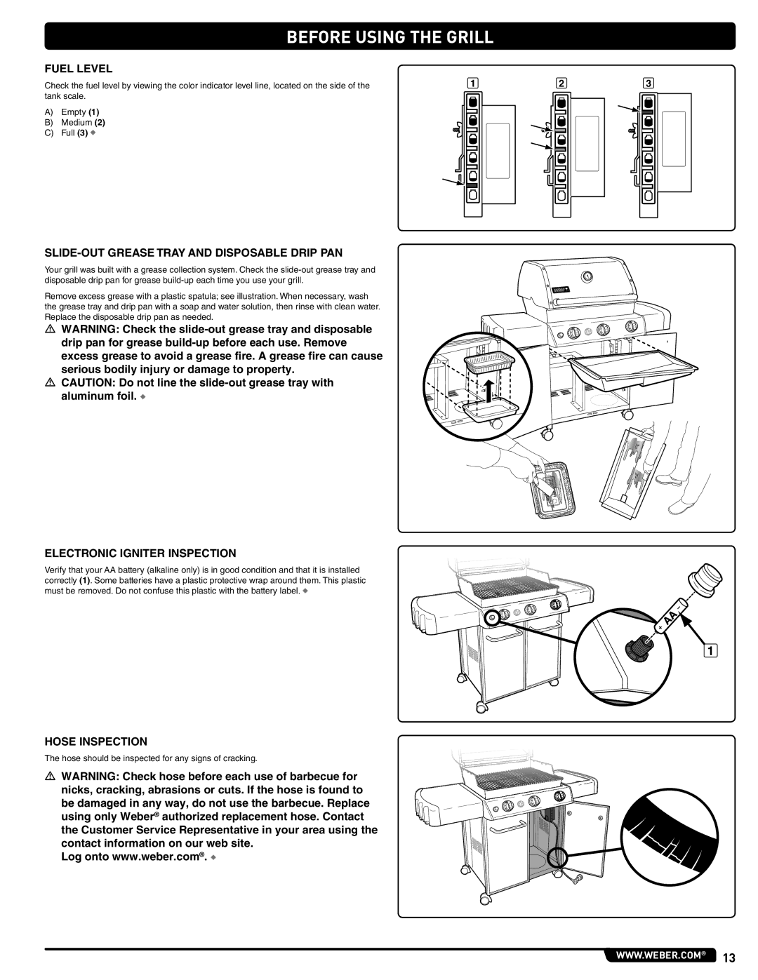 Weber 54381 manual Before Using the Grill, Fuel Level, SLIDE-OUT Grease Tray and Disposable Drip PAN, Hose Inspection 