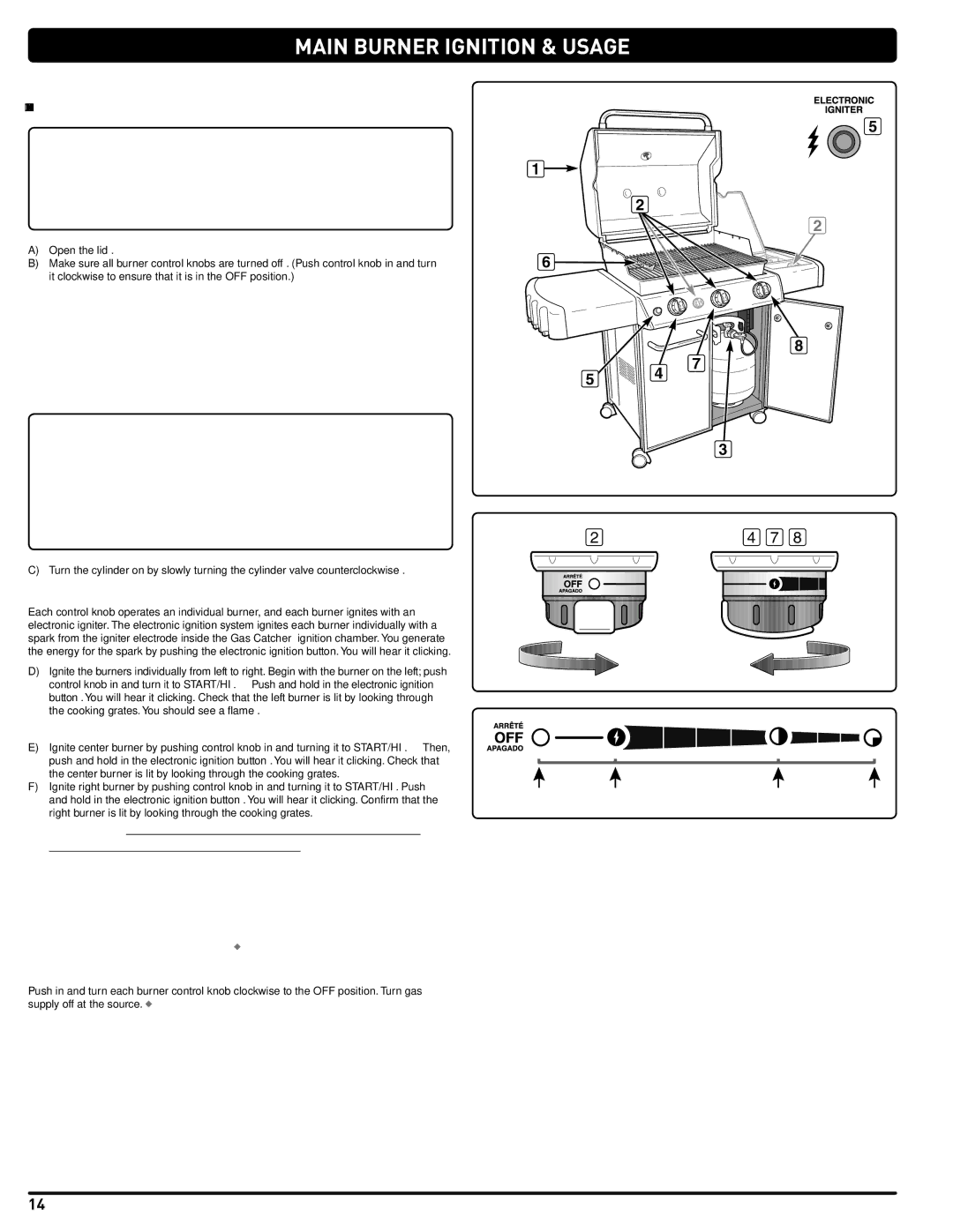 Weber 54381 manual Main Burner Ignition & Usage, To Extinguish, Electronic Ignition System 