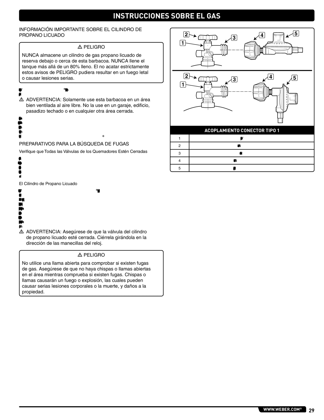 Weber 54381 manual Preparativos Para LA Búsqueda DE Fugas, El Cilindro de Propano Licuado 