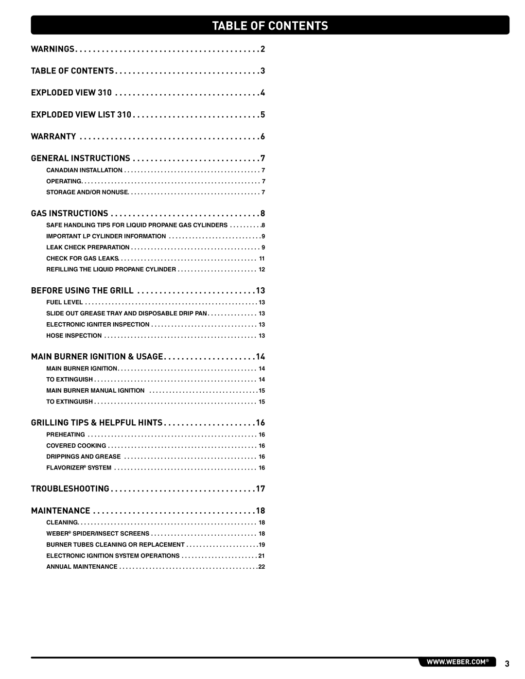 Weber 54381 manual Table of Contents 