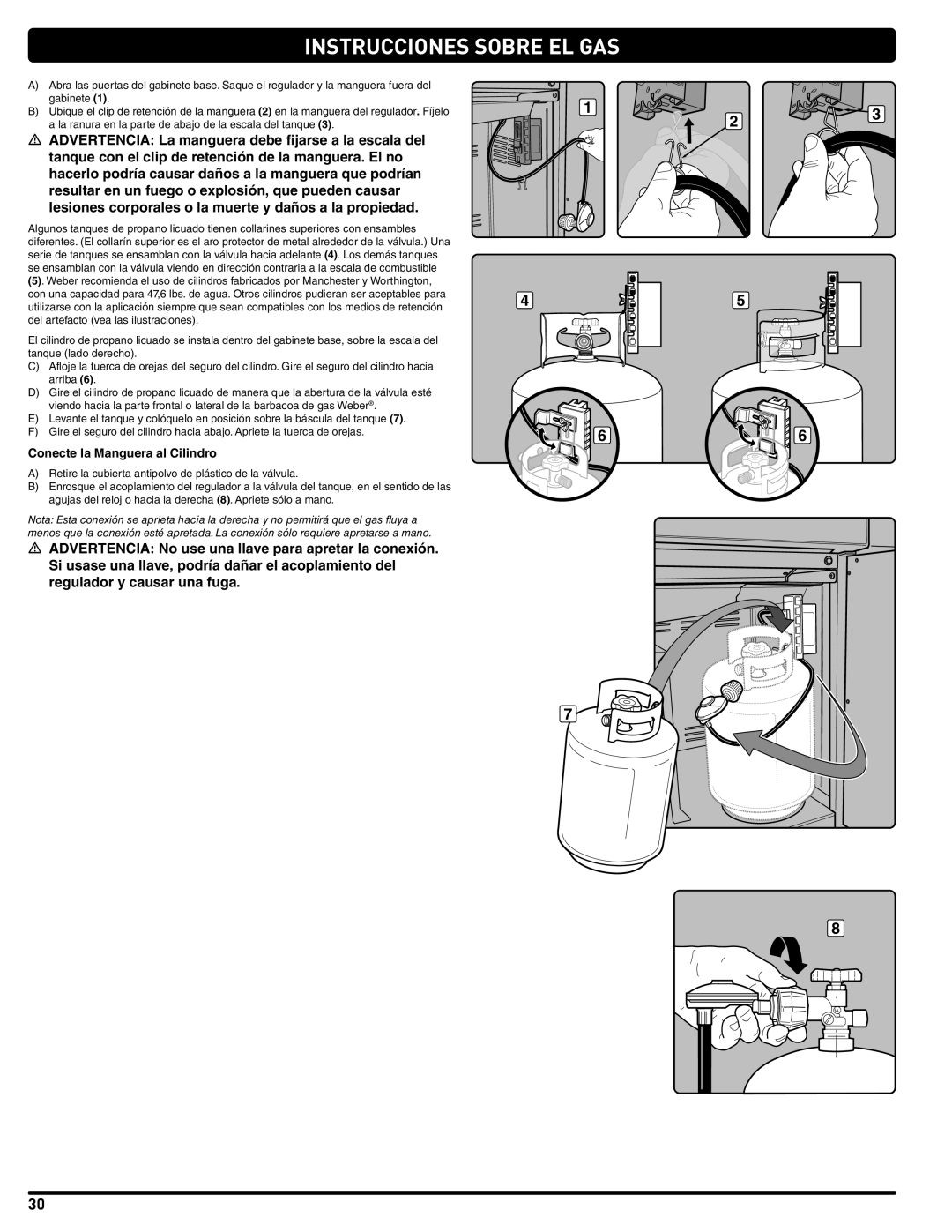 Weber 54381 manual Conecte la Manguera al Cilindro 