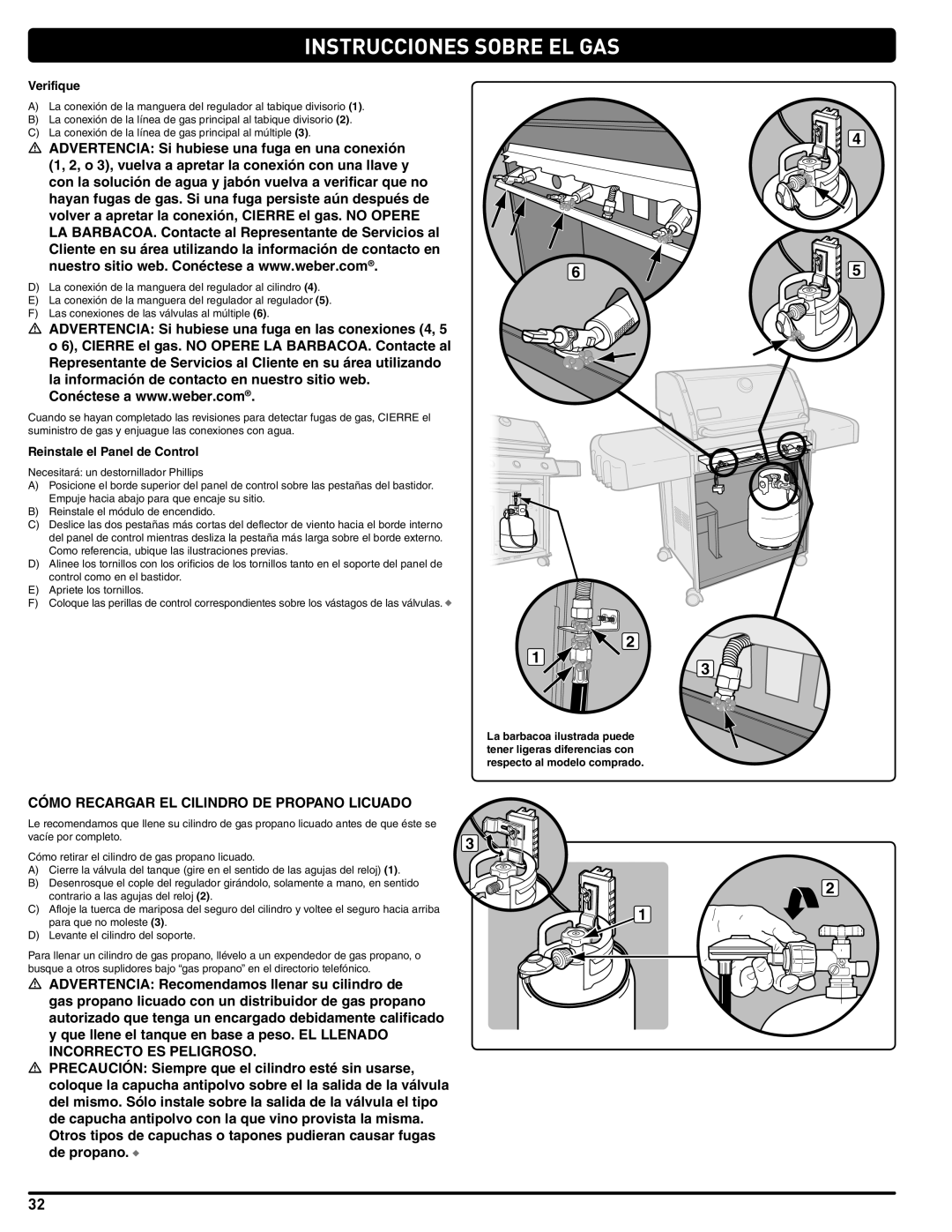 Weber 54381 manual Cómo Recargar EL Cilindro DE Propano Licuado, Verifique, Reinstale el Panel de Control 